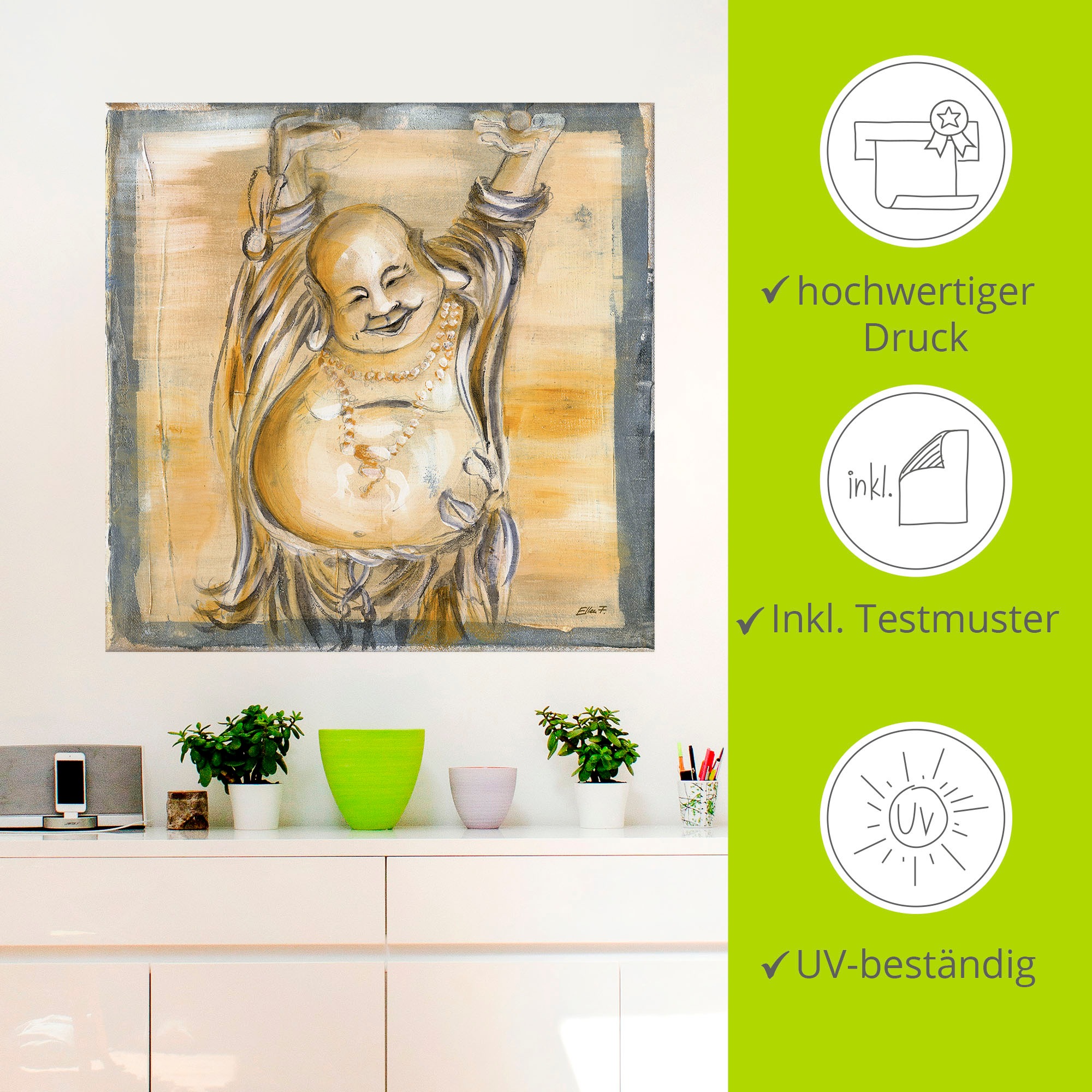 Artland Wandbild »Fröhlicher Buddha II«, Religion, (1 St.), als Alubild, Outdoorbild, Leinwandbild, Poster, Wandaufkleber
