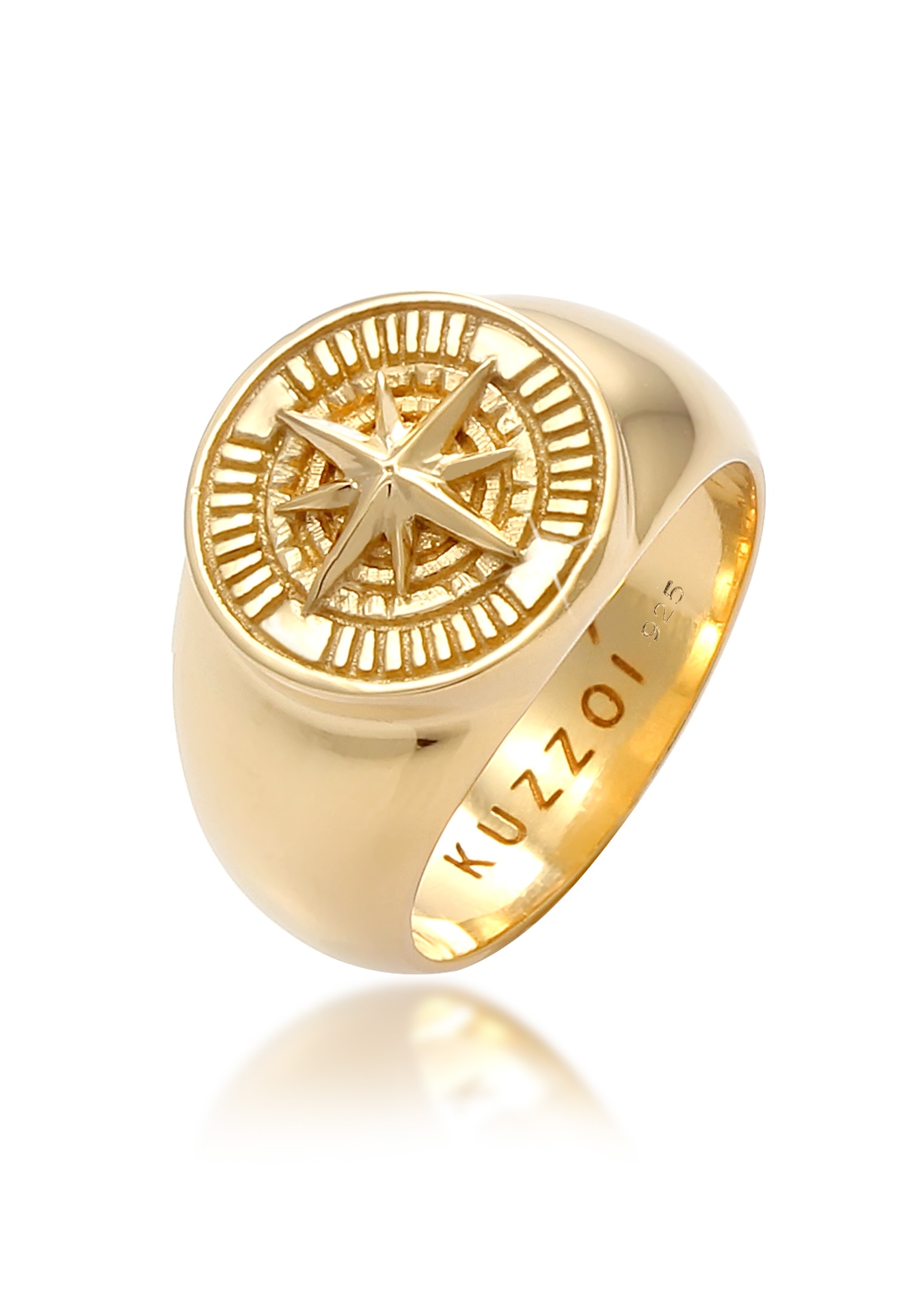 "Siegelring KUZZOI ""Ring Herren Siegelring Kompass 925 Silber"" Gr. 60, gold, Fingerringe, Herren, 60, ohne Stein, Silber 925 (Sterlingsilber)