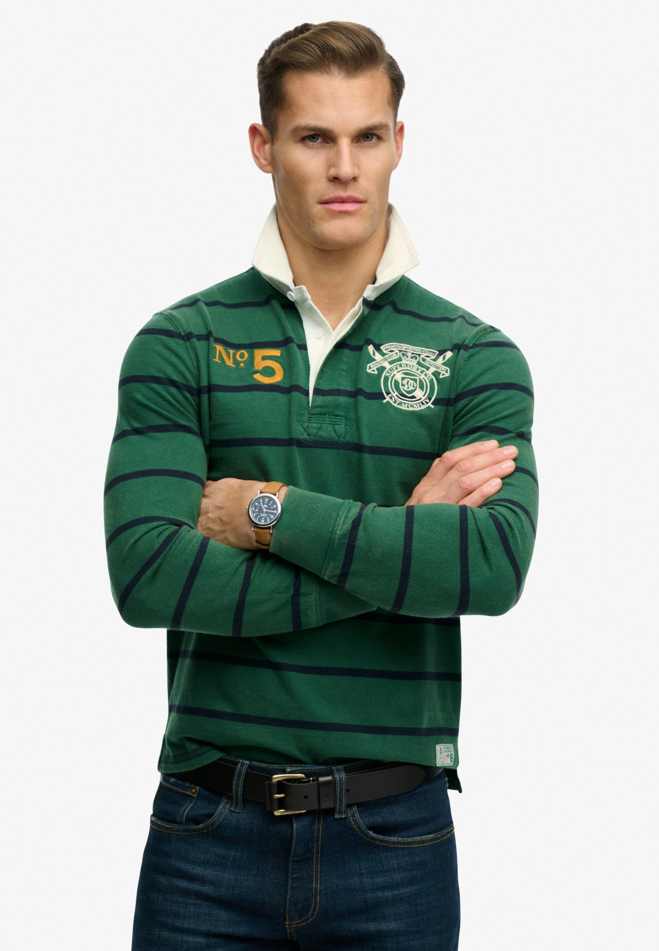 Superdry Langarmshirt "DOUBLE EMBLEM STRIPE RUGBY" aus Baumwolle und Single Jersey, Relaxed Fit, gestreifte Optik