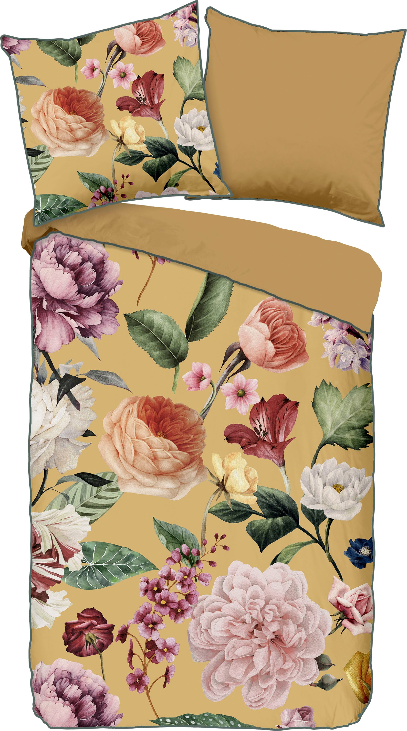 Descanso Wendebettwäsche "Fiori", Baumwolle, Satin, 135x200, Biese, Reißverschluss, Wende, Blumen Sand