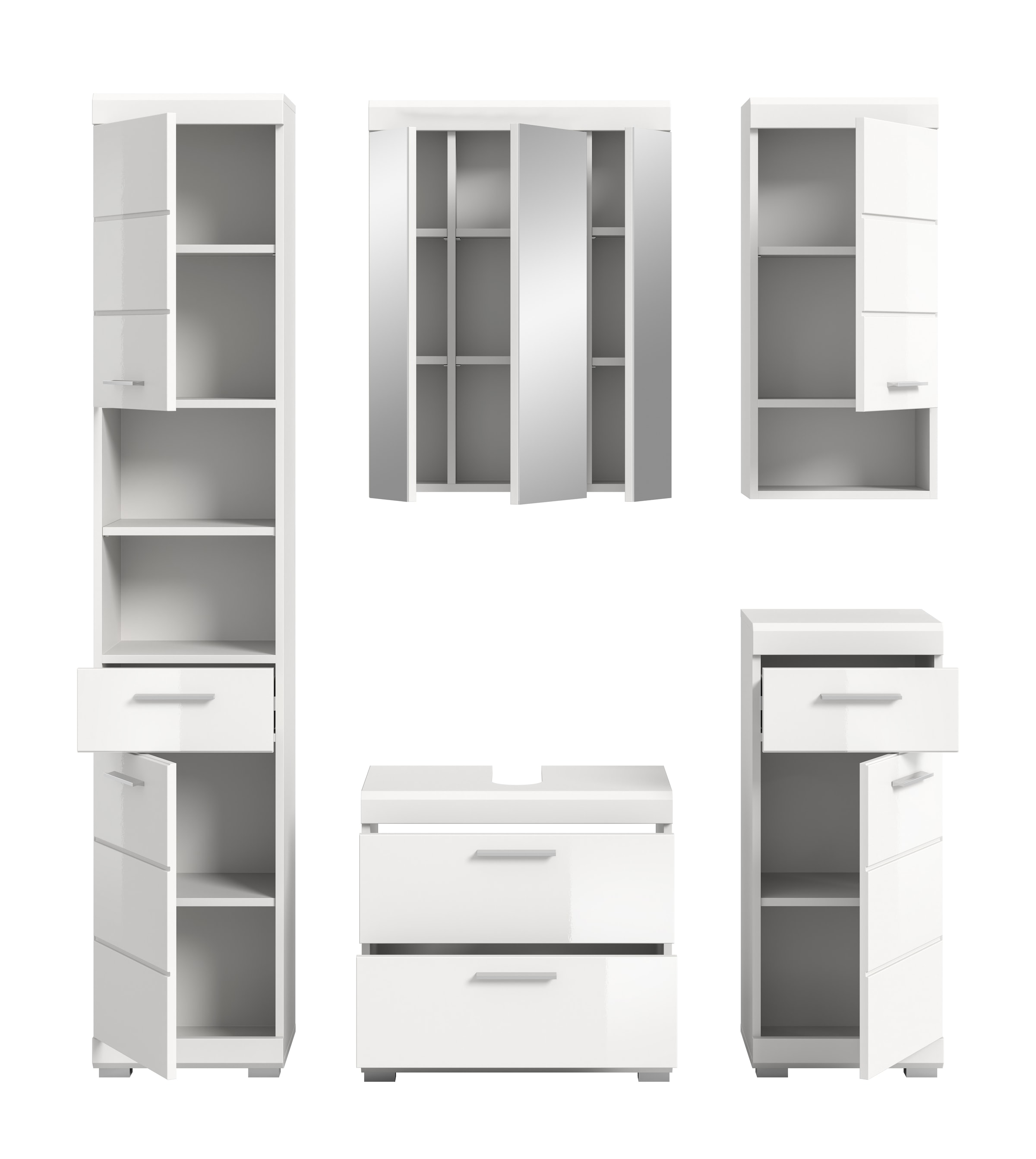 INOSIGN Badmöbel-Set »Siena, 5 teilig, bestehend aus:«, (Set), Hochschrank, WBU, Spiegelschrank, Unterschrank, Hängeschrank