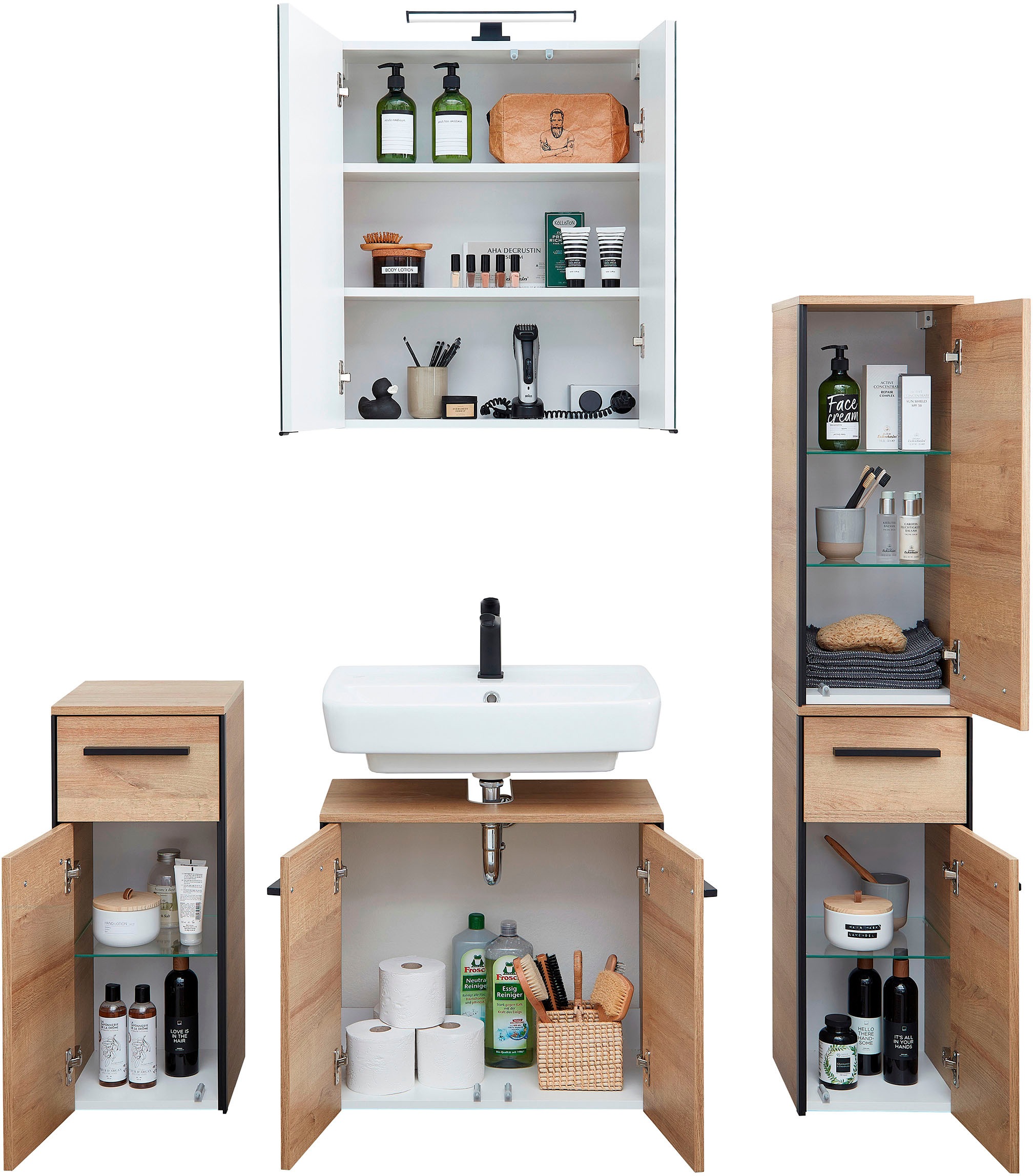 Saphir Badmöbel-Set »Quickset 395 4-teilig, Waschbeckenunterschrank mit LED-Spiegelschrank«, (5 St.), Unterschrank, Midischrank, inkl. Türdämpfer, 7 Türen, 2 Schubladen