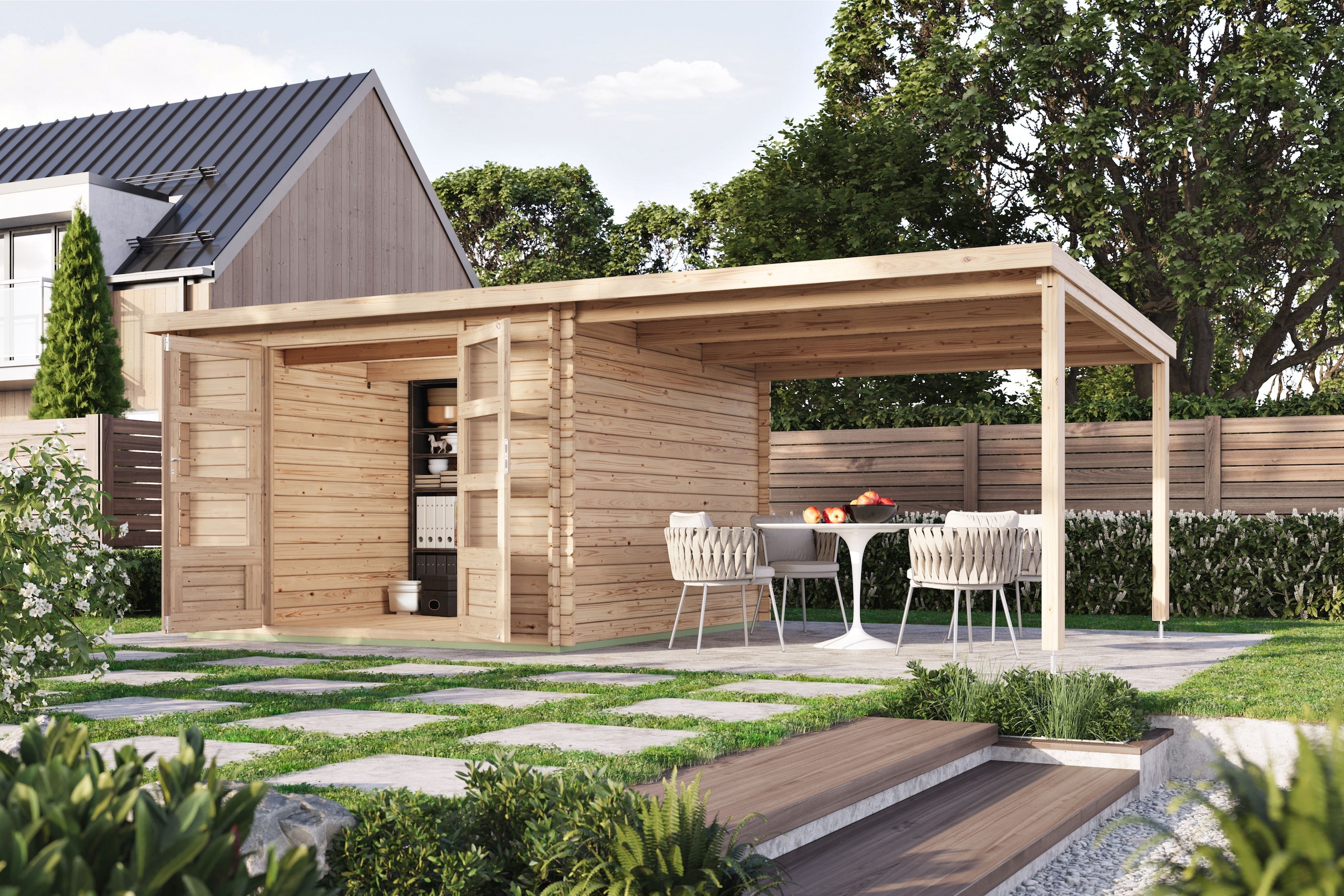 Karibu Gartenhaus ""Remus" Pultdach 2,97x2,97m inkl Anbaudach 3m naturbelas günstig online kaufen