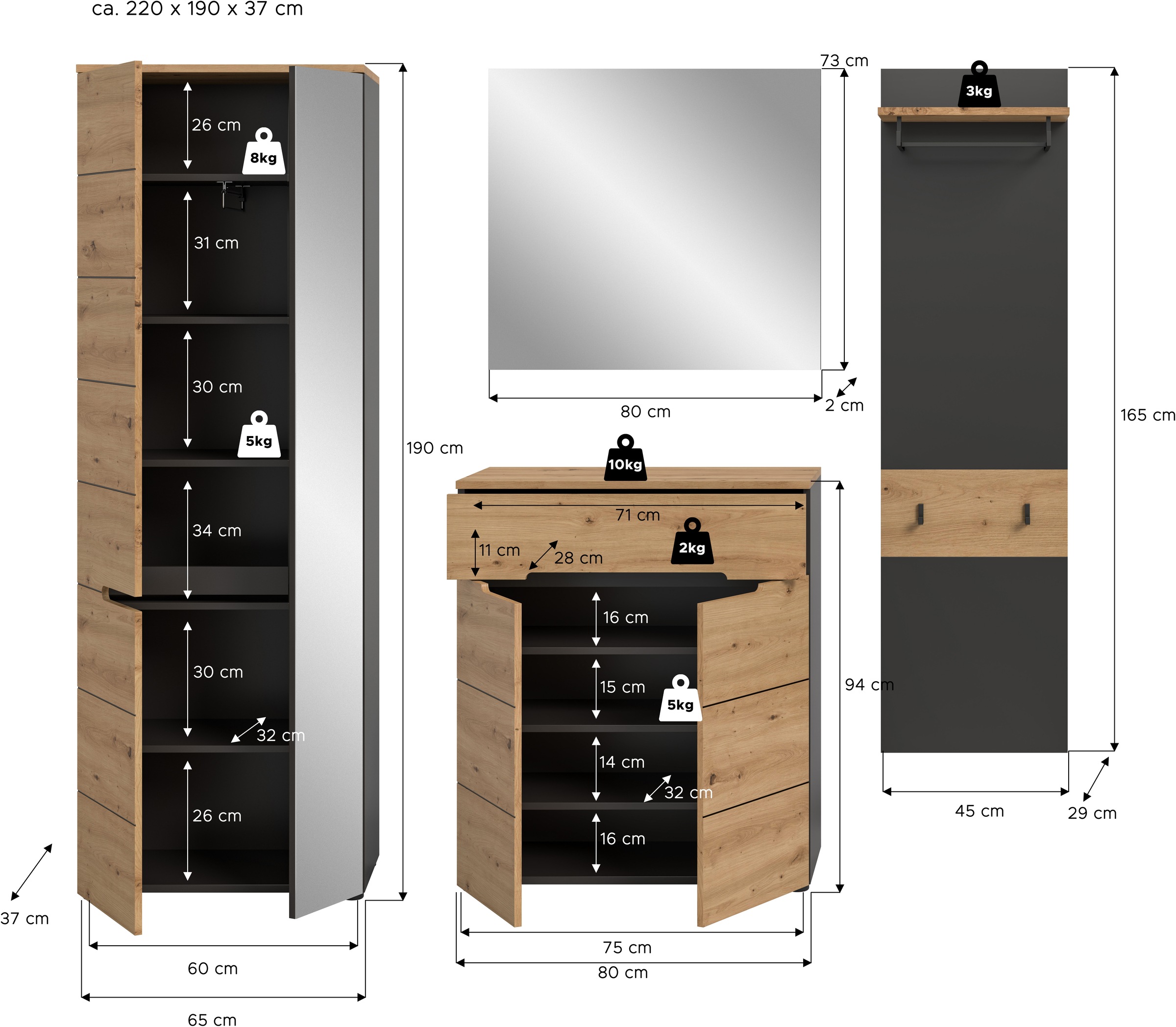 INOSIGN Garderoben-Set »REHAT, TOPSELLER!, 4-teilig, Breite 220 cm, individuell erweiterbar« Set, bestehend aus: Garderobenschrank, Kommode, Spiegel & Garderobenpaneel, 4 Stk. tlg.