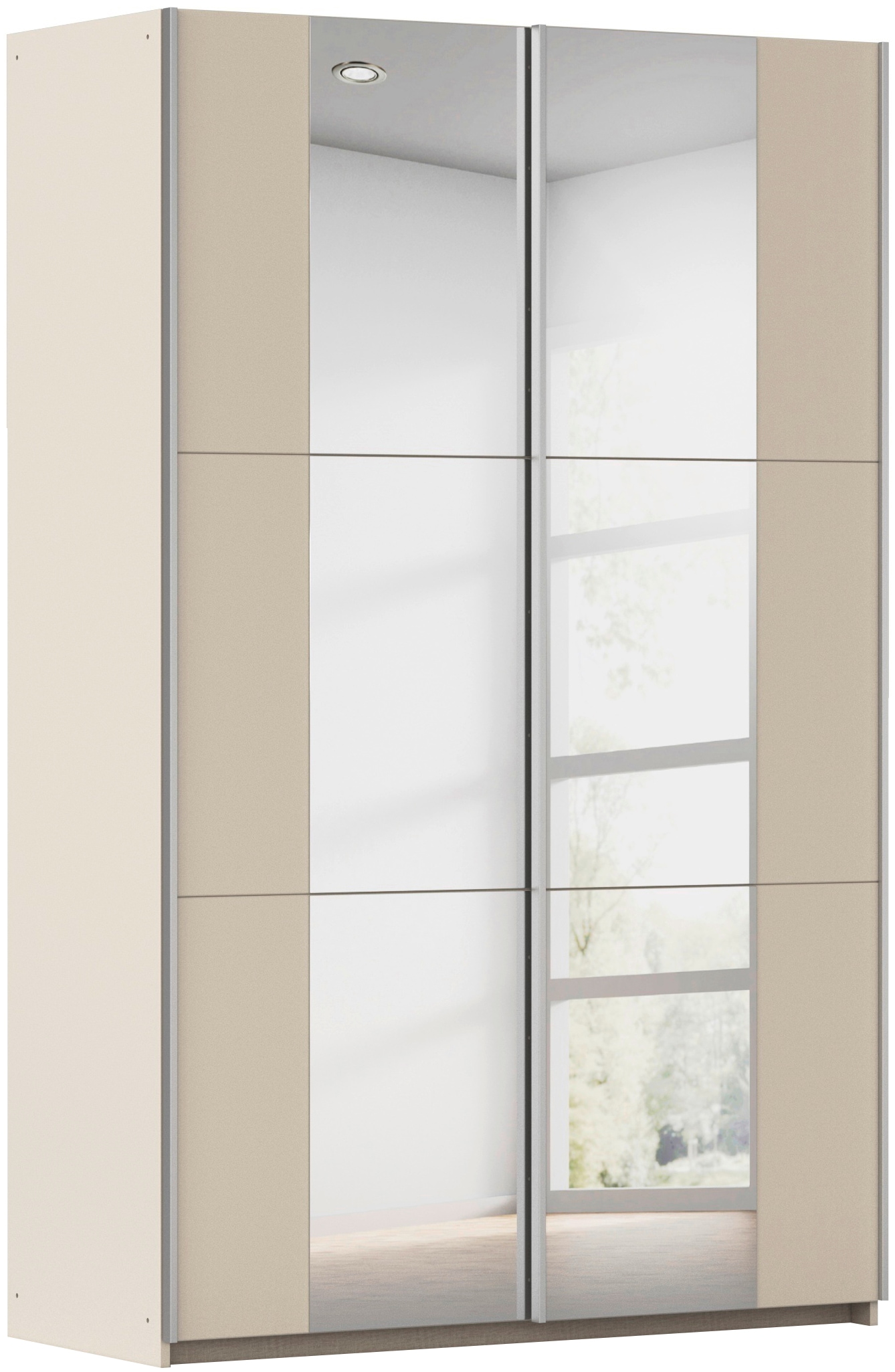 rauch Schwebetürenschrank "Kleiderschrank Drehtürenschrank Schrank Garderobe KRONACH" in 3 Ausstattungen BASIC/CLASSIC/PREMIUM, Breiten 131/175/218/261 cm, optional ohne, mit 1 oder 2 Spiegel, viel Stauraum MADE IN GERMANY