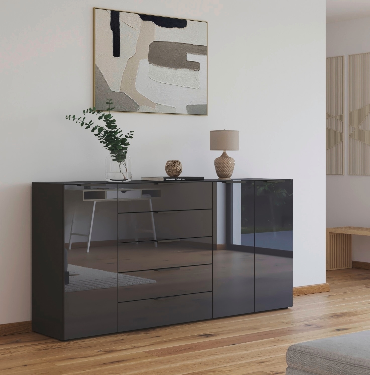 rauch Kombikommode »Kommode Türkommode Sideboard Kombikommode FLIPP mit Glasfront«, (Breite 200 cm mit 4 Einlegeböden), 3-türig, 5 Schubladen, Soft-Close-Funktion, Oberboden und Front Glas