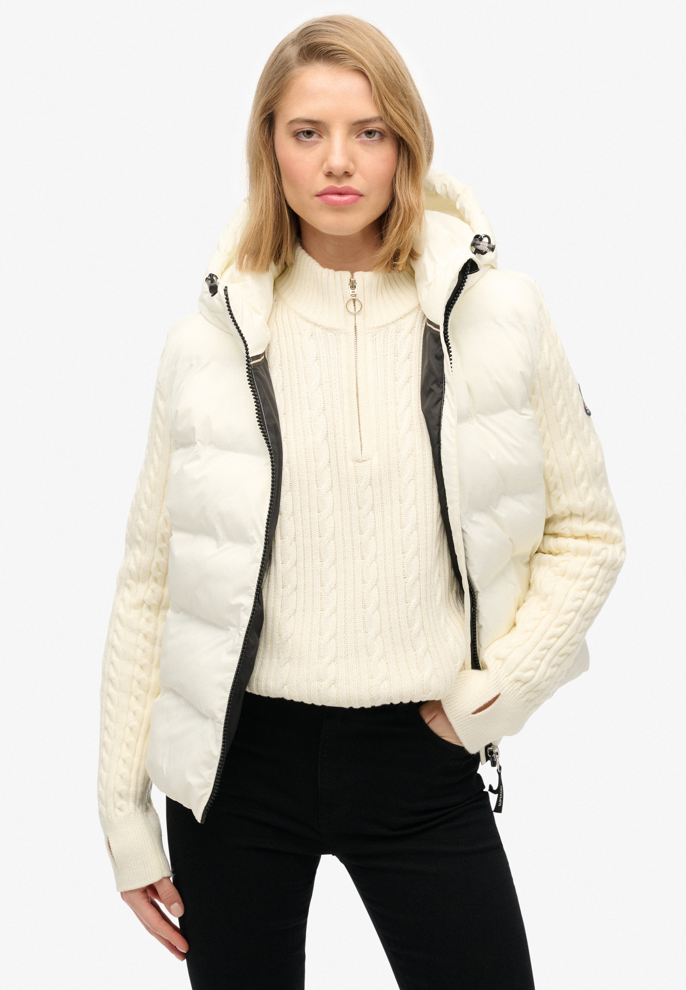 Superdry Steppjacke »CABLE KNIT SLEEVE HYBRID« Kunstfaser, Strickärmel, slim fit