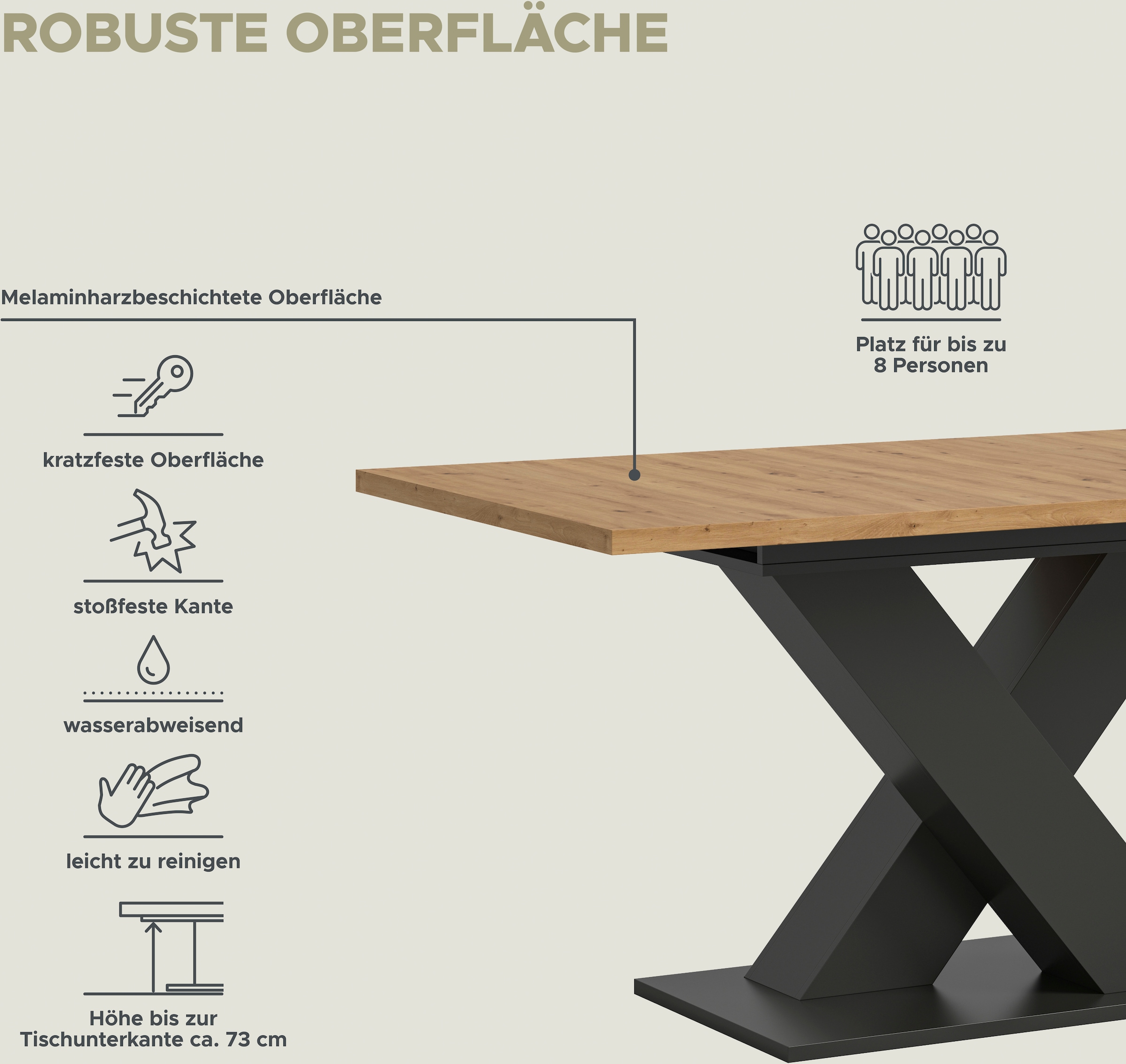 INOSIGN Esstisch »Motus, ausziehbar 150 -190 cm, inklusive 40 cm Einlegeplatte«, X-Gestell mit Bodenplatte, Tisch, Küchentisch, Esszimmer, Küche