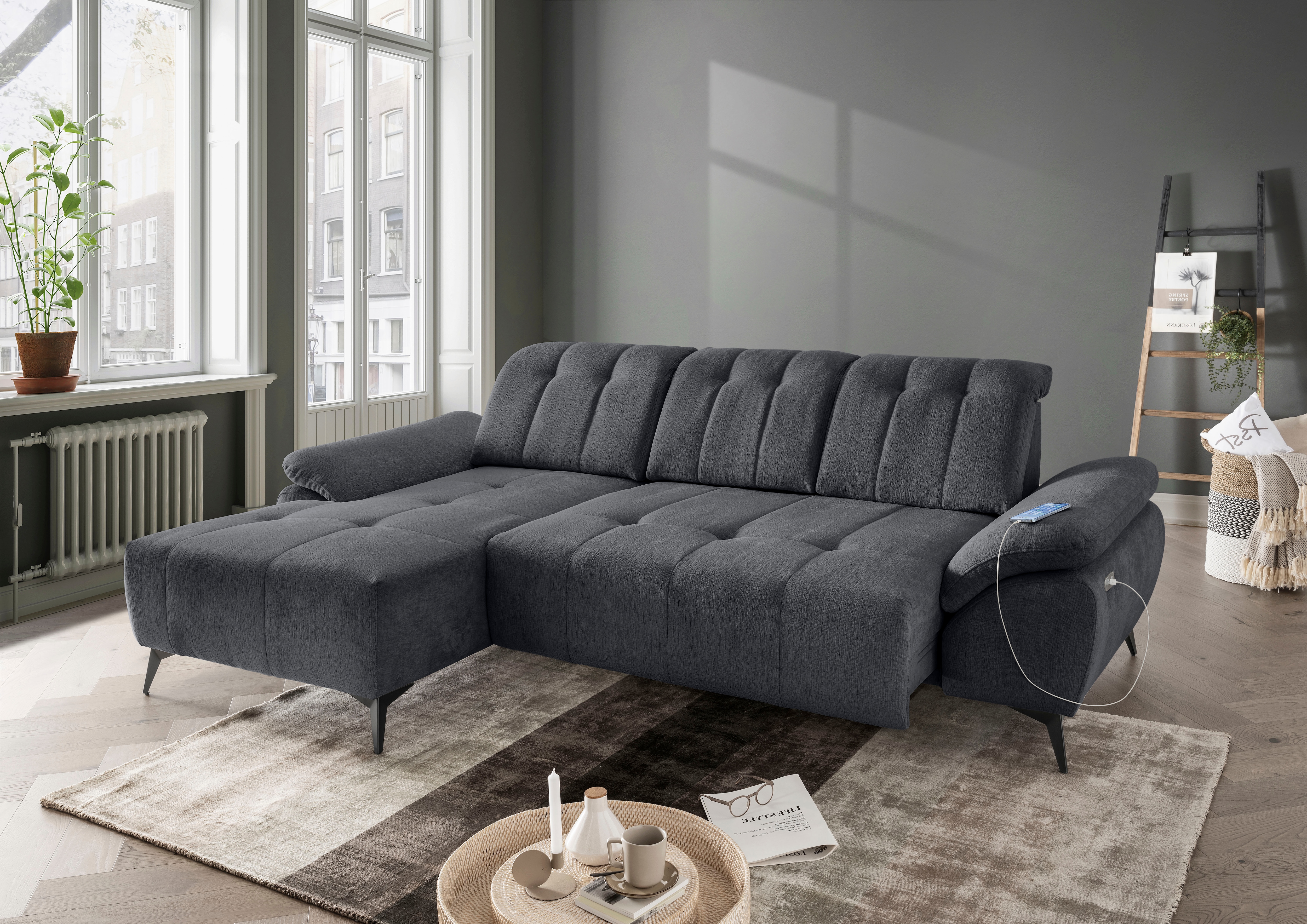 Home affaire "Fiore modern, bequeme Armlehnen, tolle Detailverarbeitung, L-Form" elektrischer Sitzvorschub und Kopfstützen höhenverstellbar