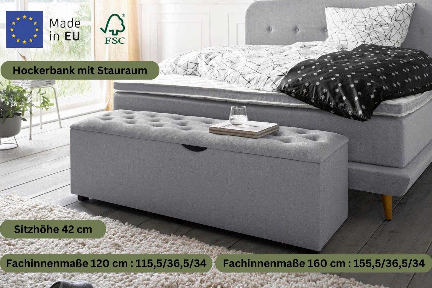 Hockerbank HOME AFFAIRE "Knobbed", grün, B:120cm H:42cm T:40cm, Struktur fein (100% Polyester) für Bett Classico, Piazza, Premium und Vega;Struktur (100% Polyester) für Bett Crato und Lucina;Struktur (60% Baumwolle, 40% Leinen) für Bett Kiss;Kunstleder fü 3