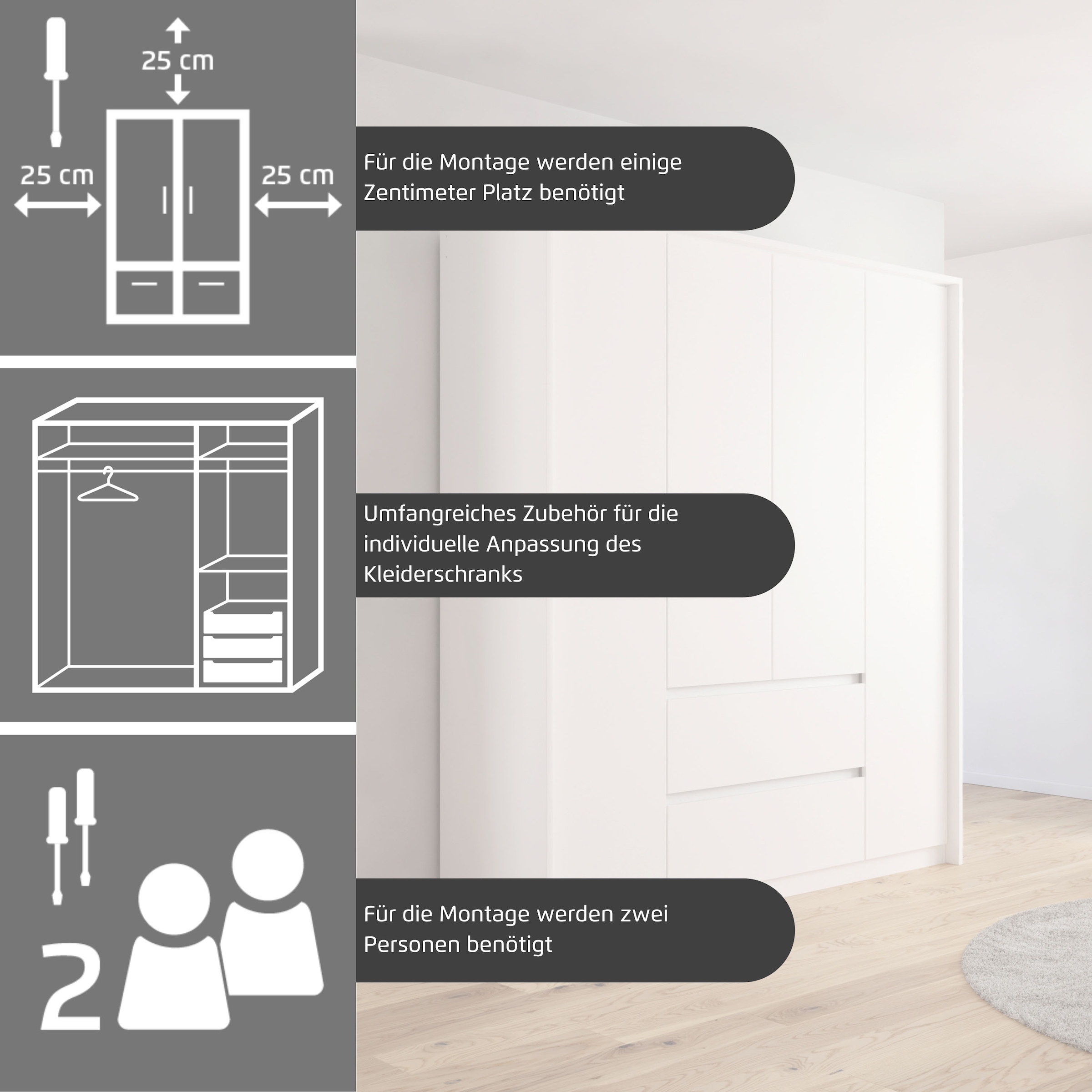 rauch Kleiderschrank »Schrank Garderobe MAINZ Breiten 91/136/181/226/271/315/360, Höhe 210cm« 3 verschiedene Ausstattungen BASIC/CLASSIC/PREMIUM (inkl. SOFT-CLOSE),  grifflose Front, Außentüren mit Push-to-Open Funktion MADE IN GERMANY