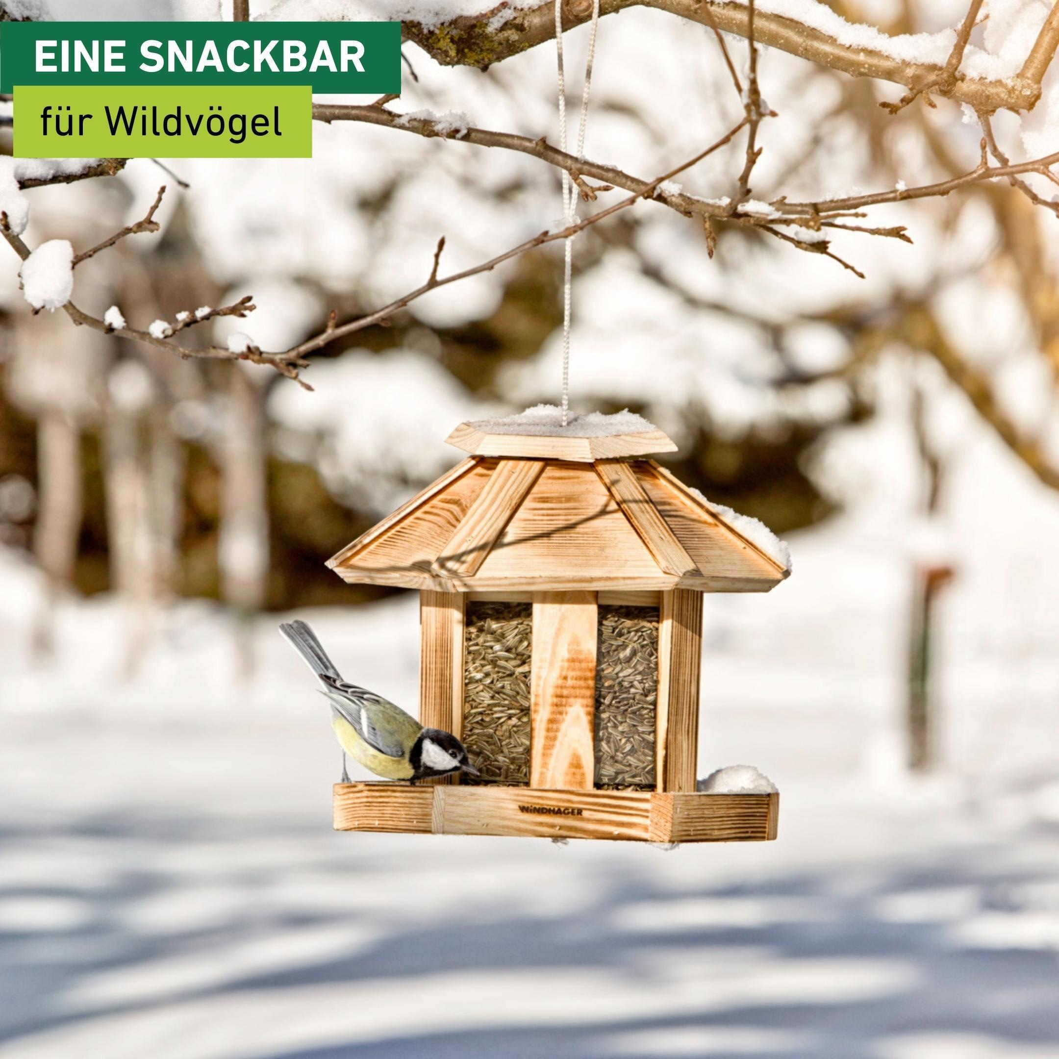 Windhager Vogelhaus »Wilder Kaiser, Vogelfuttersilo aus Echtholz« Futterstation inkl. Aufhängung und Sitzmöglichkeit, Füllvolumen 3l
