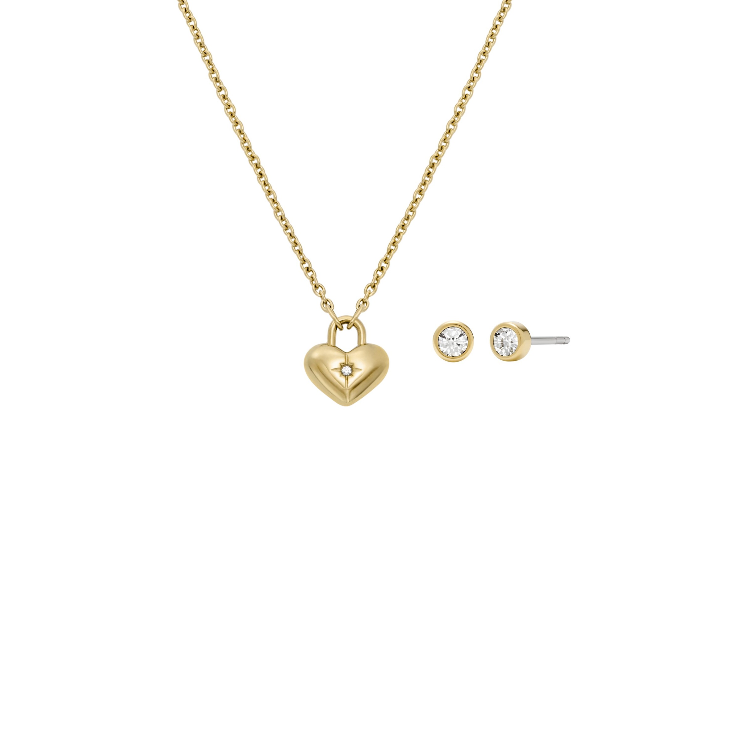 Ohrring und Ketten Set FOSSIL "Mulitpack Schmuck Geschenk Edelstahl JEWELRY", gold (gelbgoldfarben, kristallweiß, kristallweiß), Schmuck_Sets, Damen,