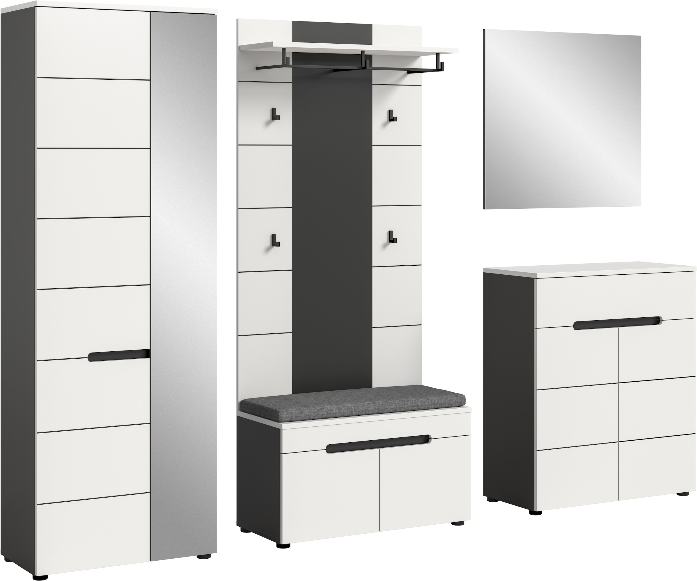 Home affaire Garderoben-Set "REHAT, TOPSELLER, 5-teilig, Breite 255 cm, individuell erweiterbar" Set, bestehend aus: Schrank, Sitzbank, Sitzkissen, Paneel, Spiegel, Kommode, 6 Stk. tlg.