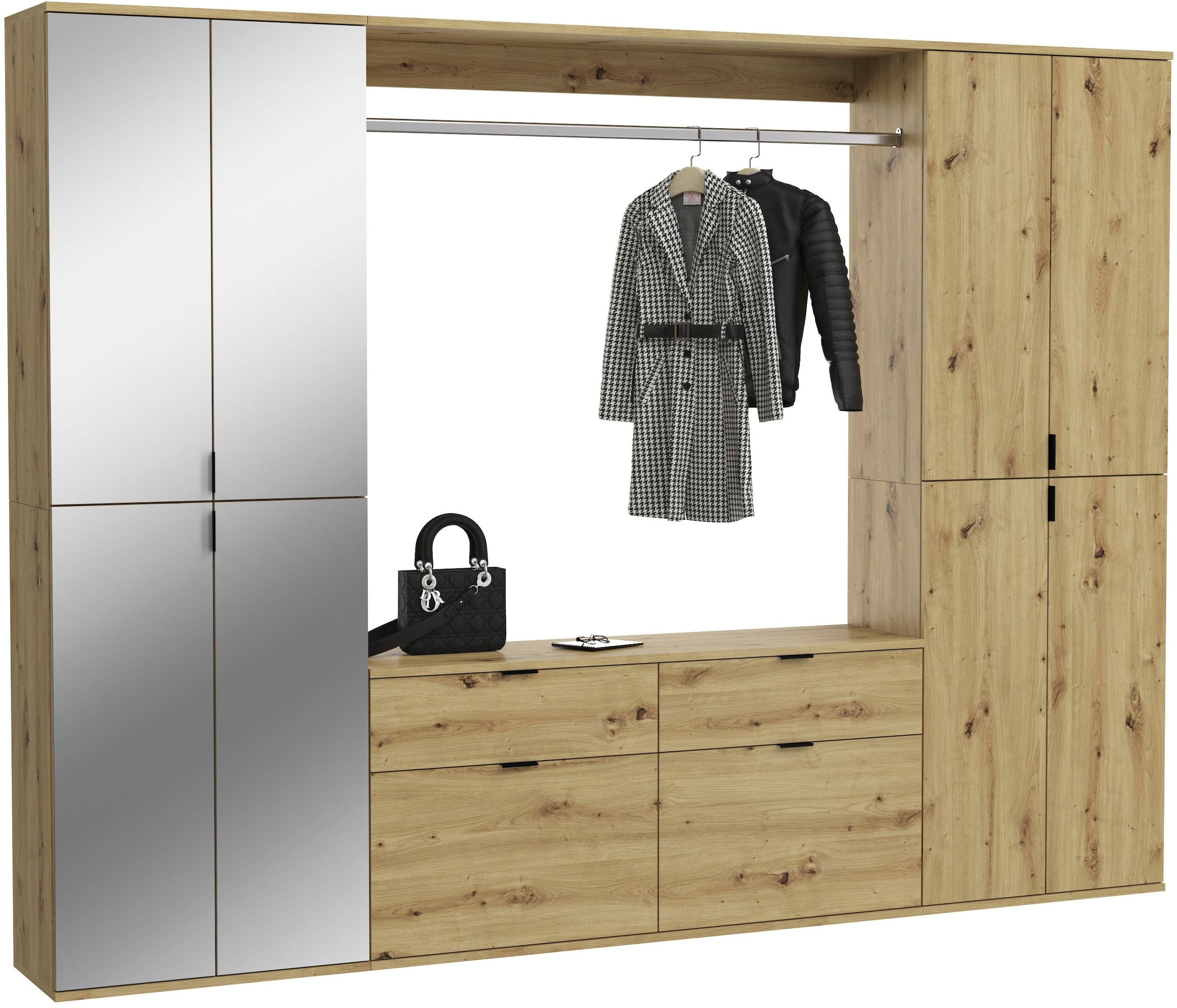 Home affaire Garderoben-Set "TRONDHEIM, 5-teilig, Breite 243cm, individuell platzier- & erweiterbar" Set, bestehend aus: 2x Garderobenschrank breit & 3-tlgs. Zwischenbauelement, 4 Stk. tlg.