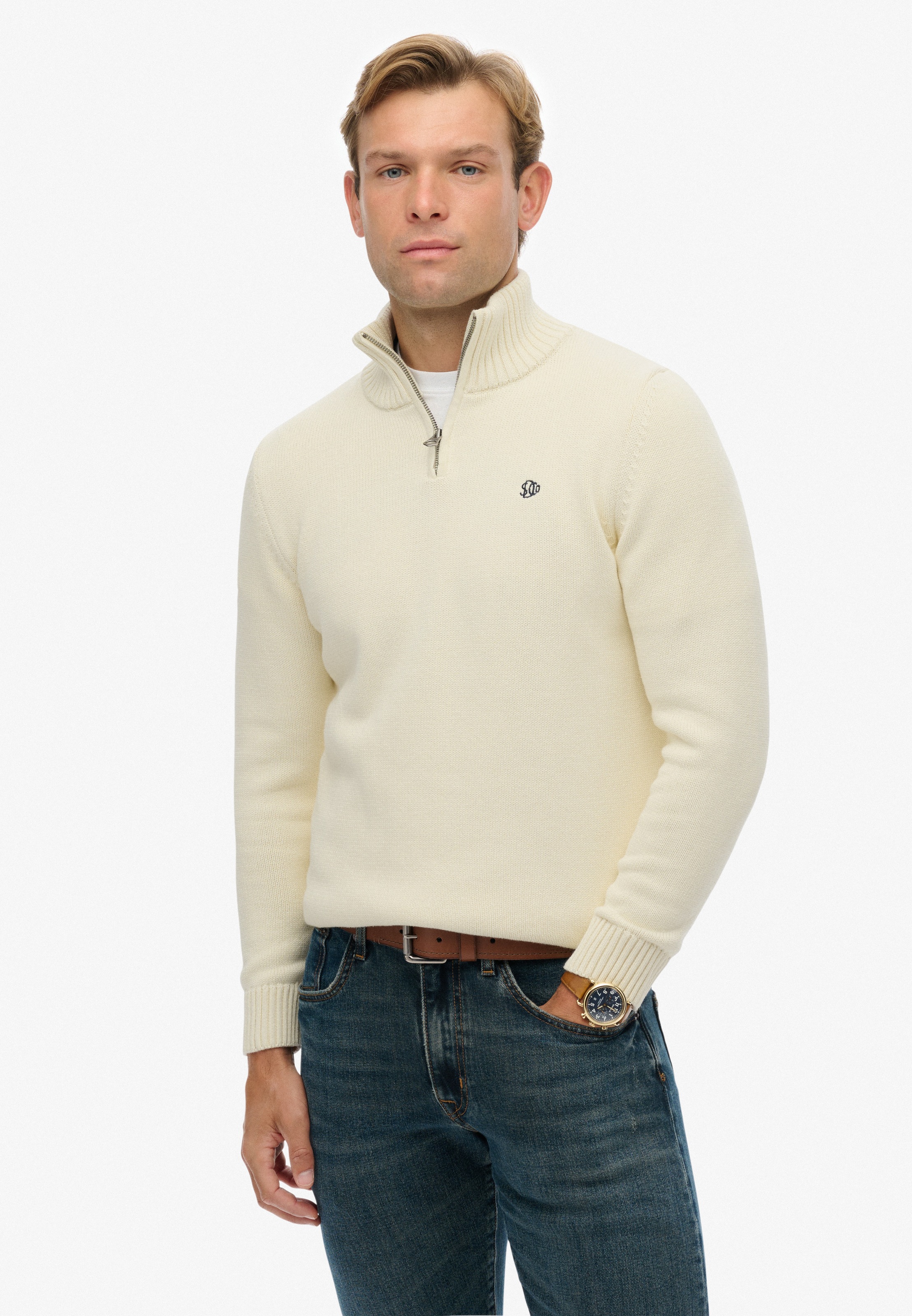 Superdry Strickpullover »COTTON KNIT HENLEY« aus Baumwolle, Slim Fit, mit Stehkragen, hüftlange Form, pflegeleicht