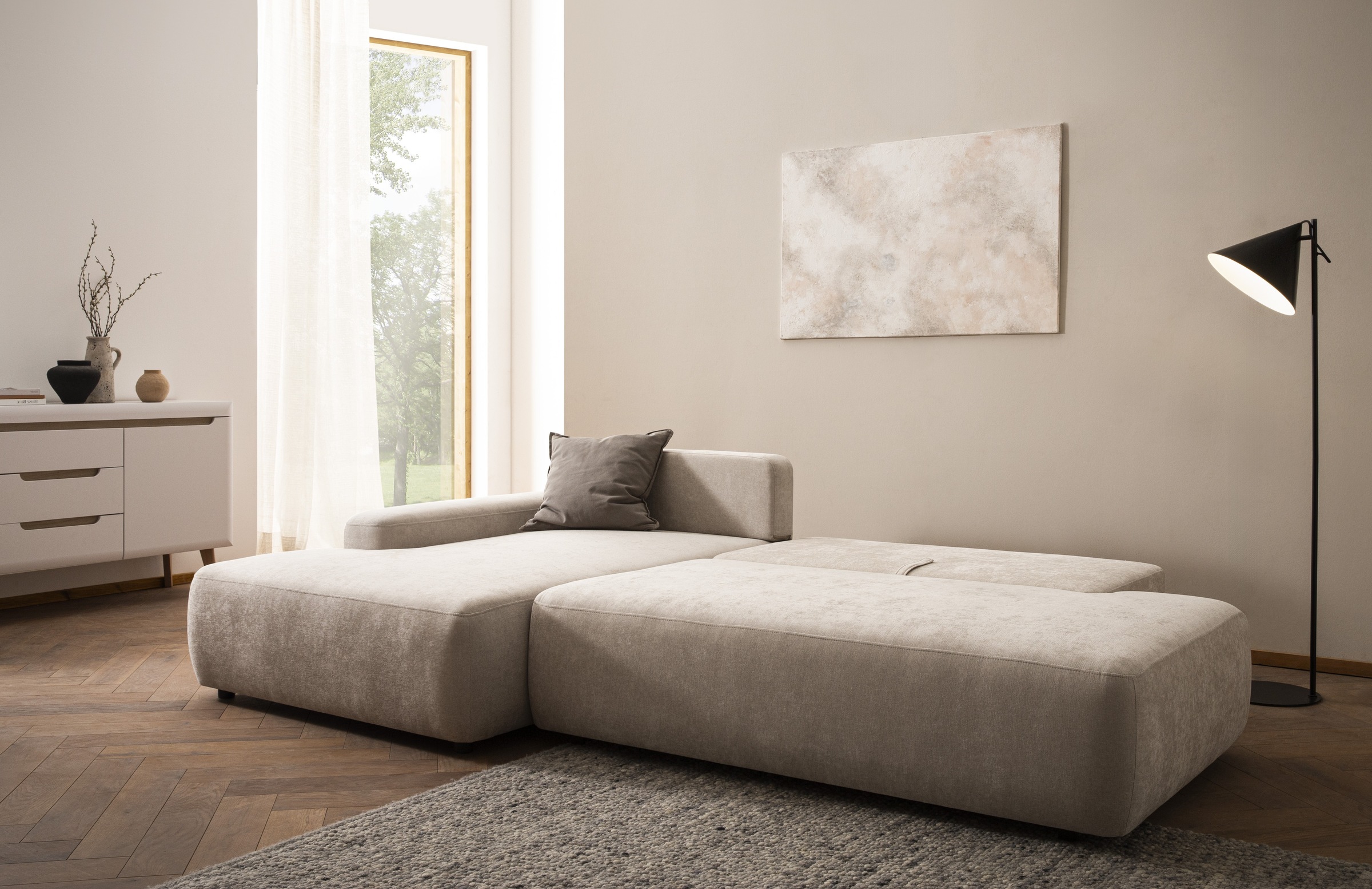 INOSIGN Ecksofa »TORGE, Schlafsofa Cord, Samtvelours u. Strukur fein, Couch in L-Form«, Schlaffunktion und Bettkasten, Liegefläche: 210x125 cm, neues Design