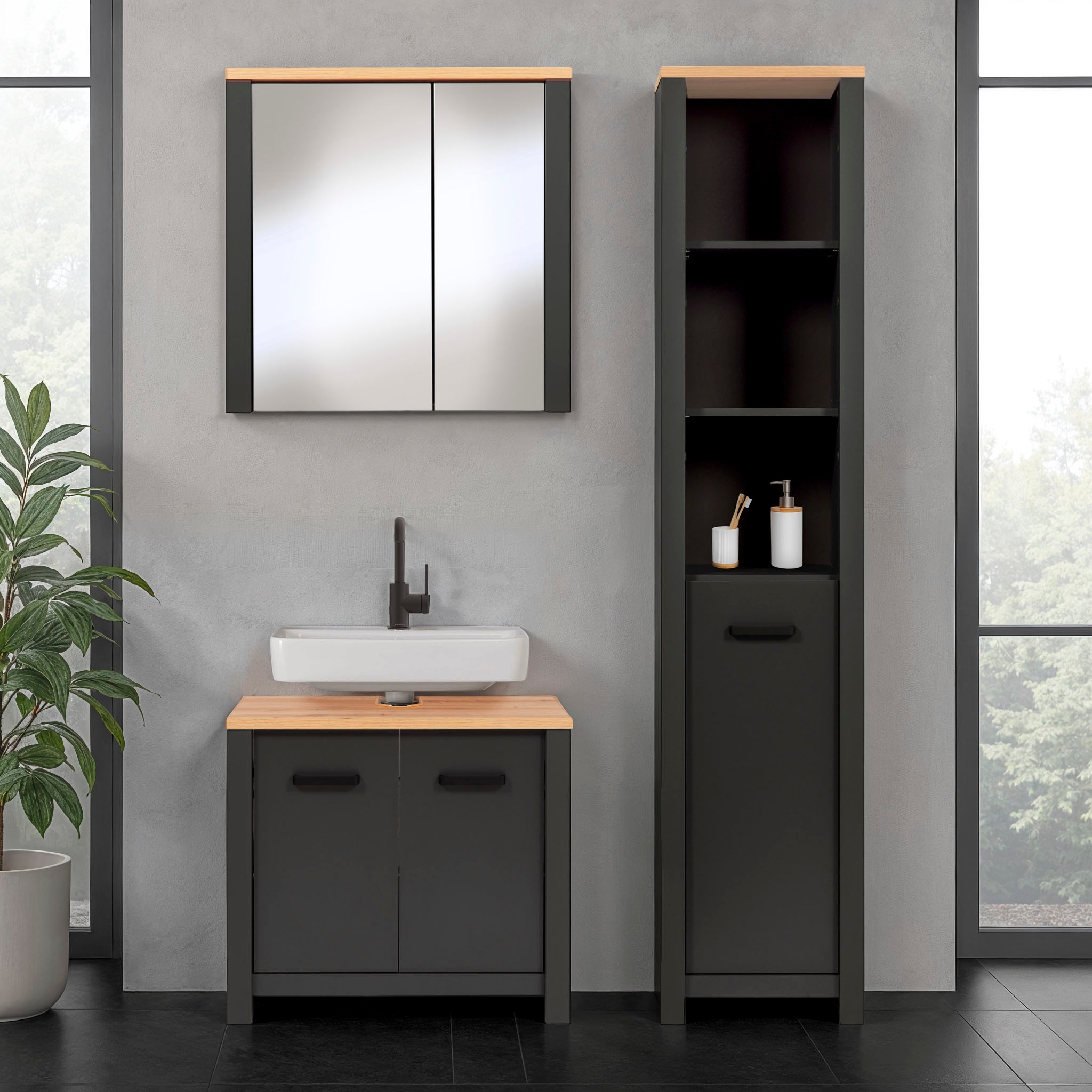 Inter Link Badmöbel-Set »Carbona, 3-tlg. Badmöbel-Set mit Stauraum in Anthrazit/Eiche-Optik« 3 Stk. tlg.