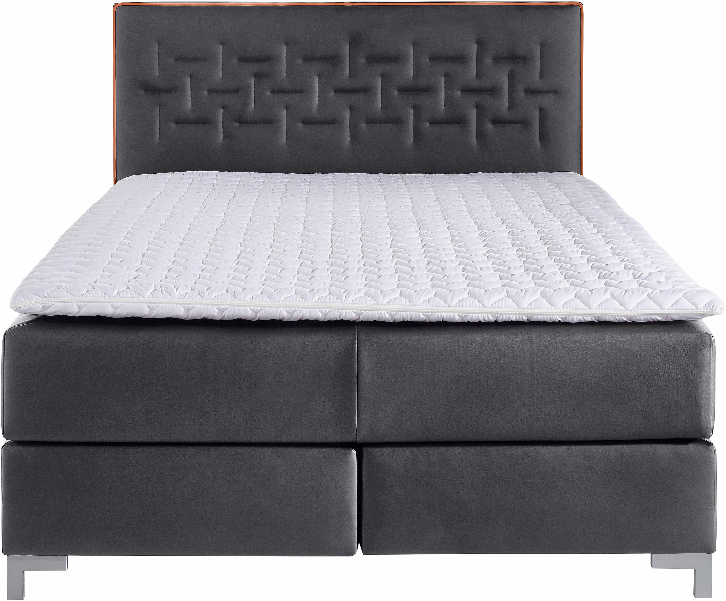 Boxspringbett HOME AFFAIRE "Coos", grau (anthrazit, orange), B:149cm L:212cm, Bezug Topper 100% Polyester;Kunstleder, Komplettbetten, Boxspringbett, mit besonderer Steppung im Kopfteil, 3 Matratzenarten, 2 Härtegrade 2