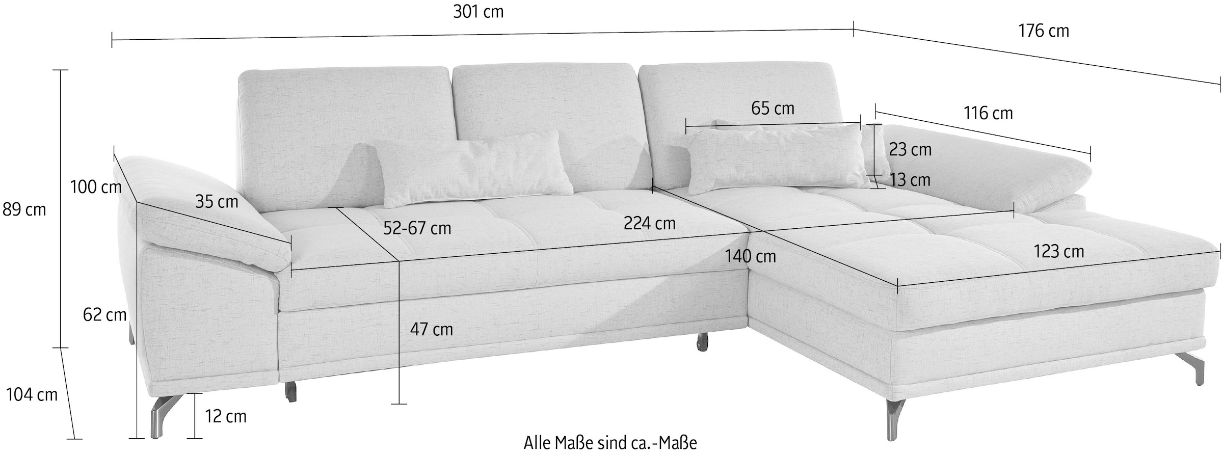 Places of Style Ecksofa Costello, mit Sitztiefenverstellung und Armlehnfunktion, incl. 3 Nierenkissen