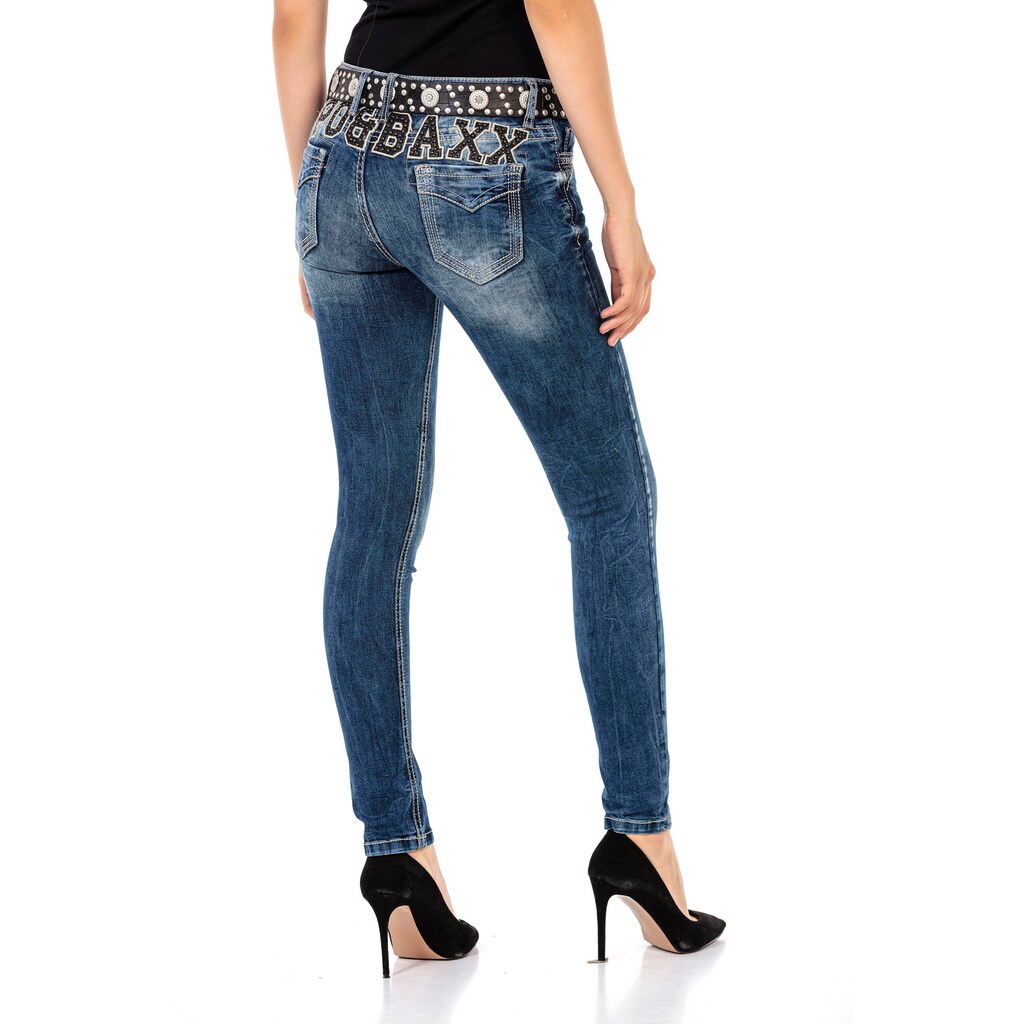 Damenmode Jeans Cipo & Baxx Bequeme Jeans, mit Steinchenbesatz und Markenstickerei blau