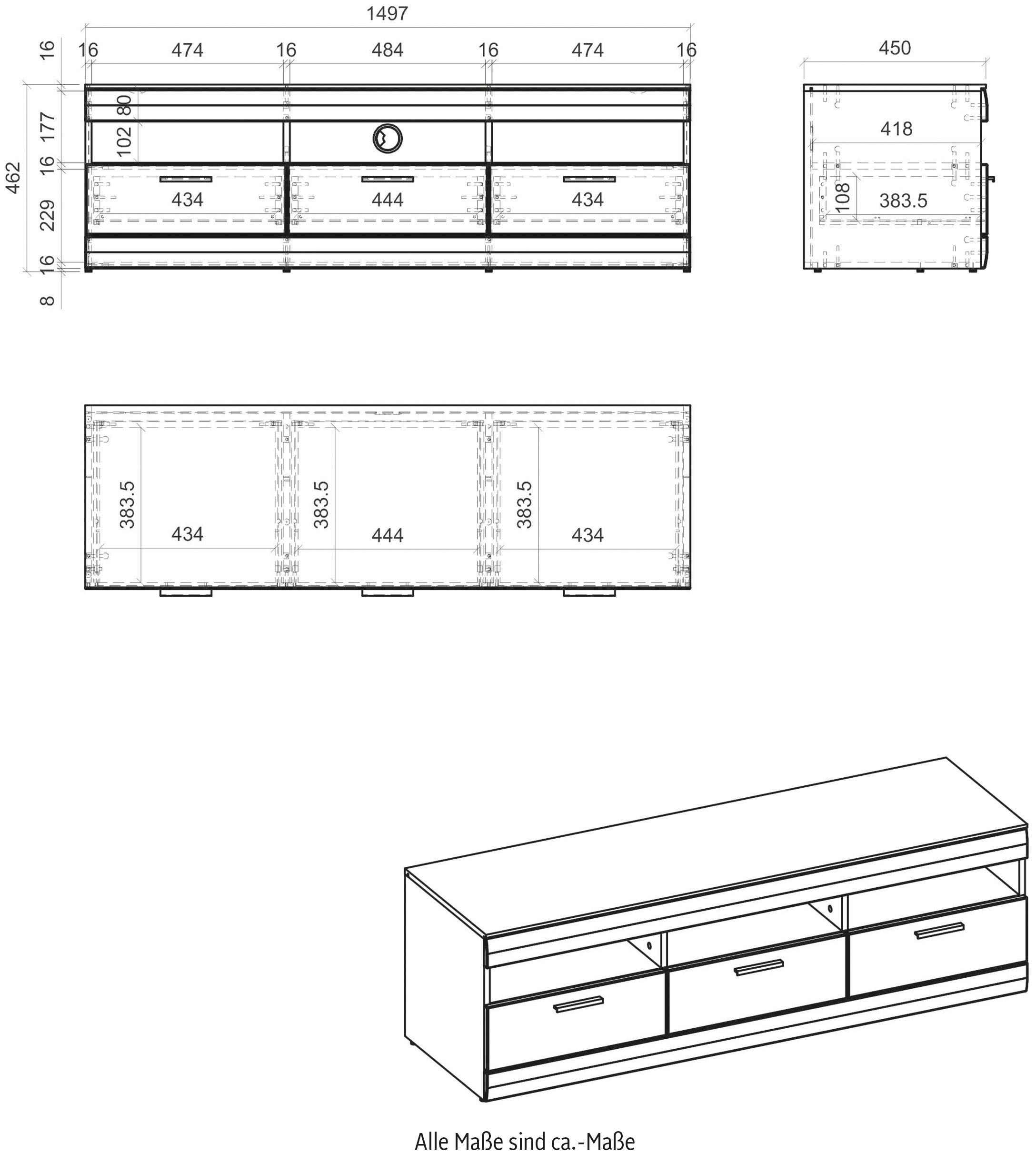 INOSIGN Lowboard »SCARA«, mit Applikation Zinneiche Dekor, Breite 150 cm, mit Softclose-Funktion