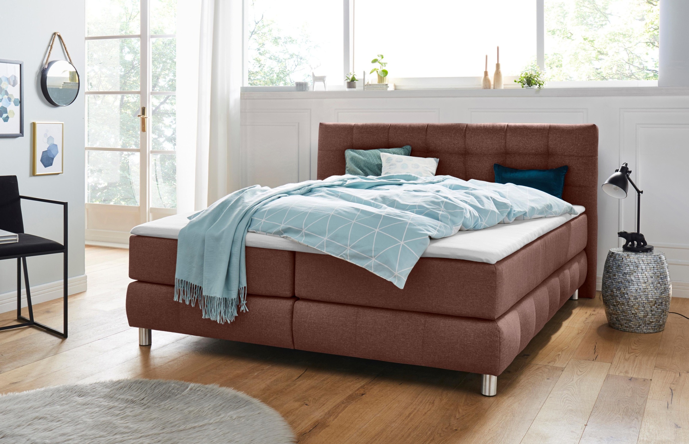 Boxspringbett HOME AFFAIRE "Salo XXL", braun, B:214cm L:231cm, Komplettbetten, Boxspringbett, in Samtoptik oder Struktur, 6 Breiten in Überlänge 220cm, 4 Härtegrade 3