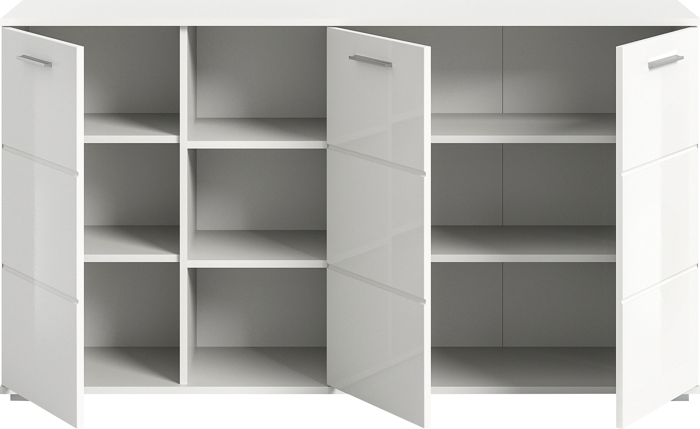 INOSIGN Sideboard »Valge, Breite 150 cm, 3 Türen, 4 verstellbare Böden, 3 offene Fächer«, Front-Rillenfräsung, Schuhkommode, Anrichte, Schrank, Kommode