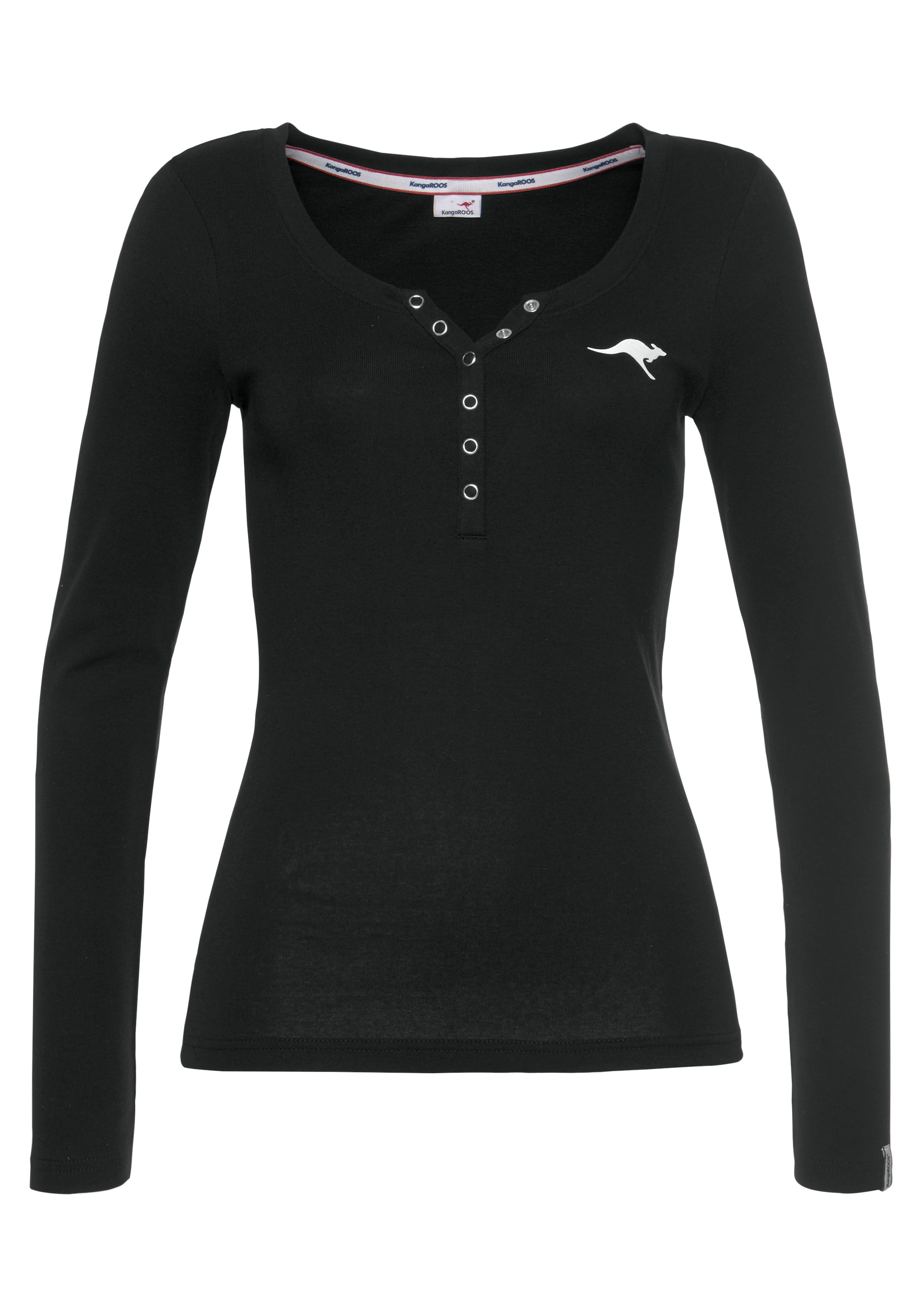 KangaROOS Langarmshirt, krempelbare Ärmel, figurbetonter Schnitt, mit Logodruck