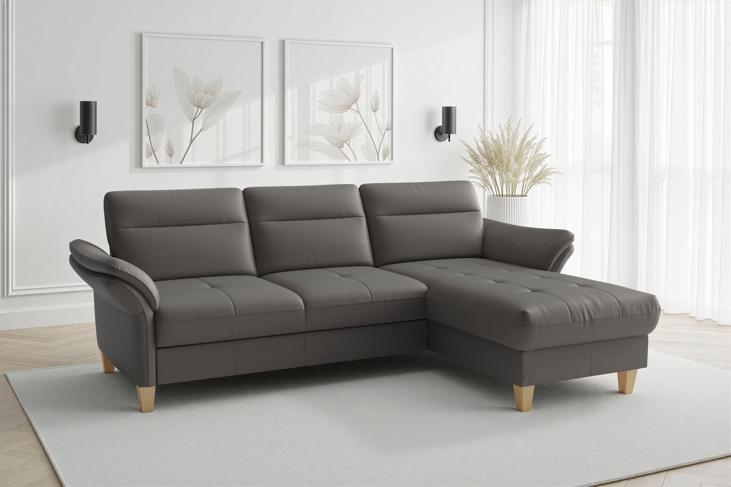 sit&more Ecksofa "Pamela L-Form, Leder, B: 218 und 230 cm mit Recamiere links od. rechts" optional Armteilverstellung, Schlaffunktion & Bettkasten