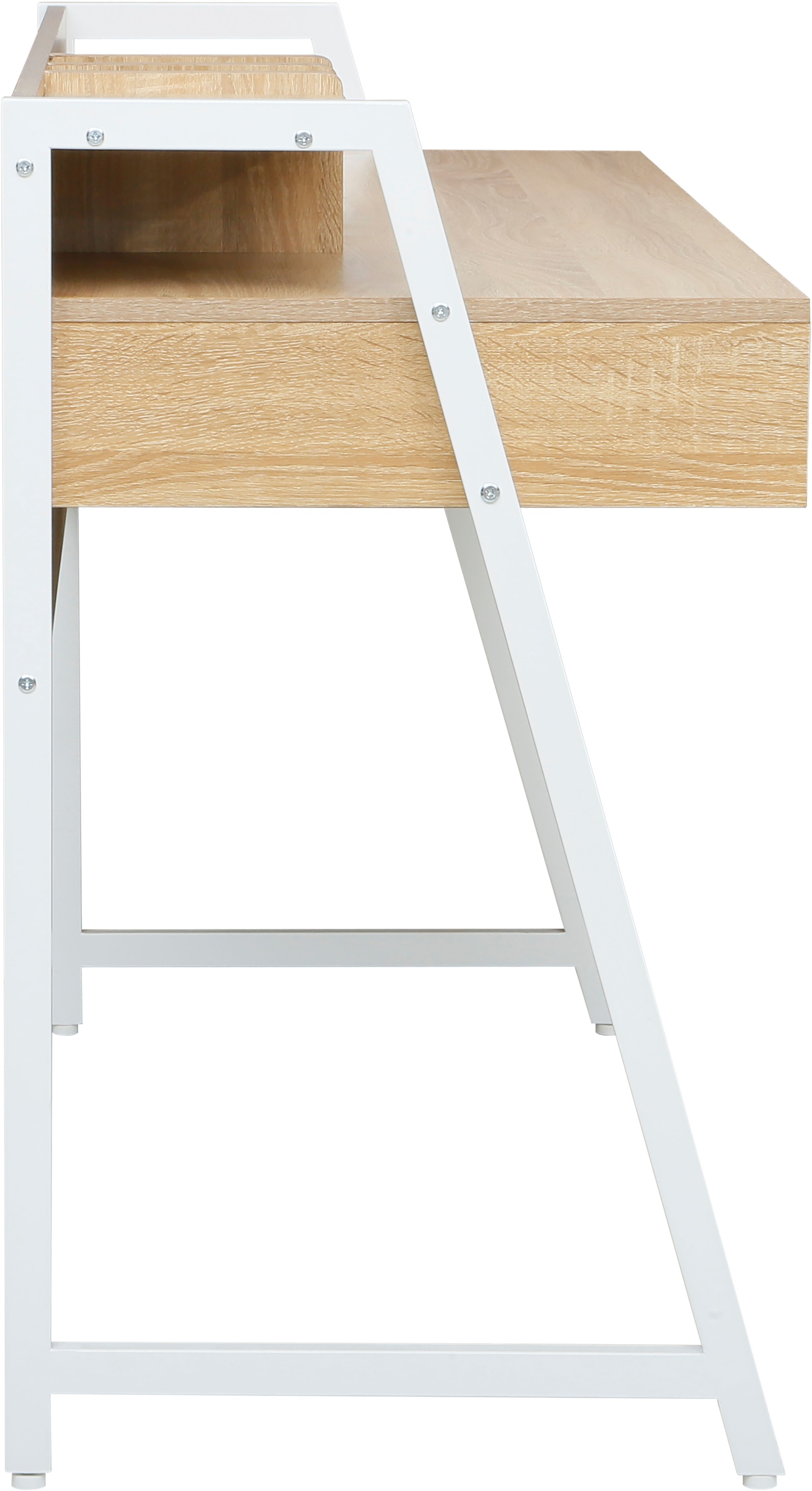 Home affaire Schreibtisch »Cowell«, (Breite 124 cm), 2 Schubladen, Ablage & integrierte Buchstützen, Metallgestell