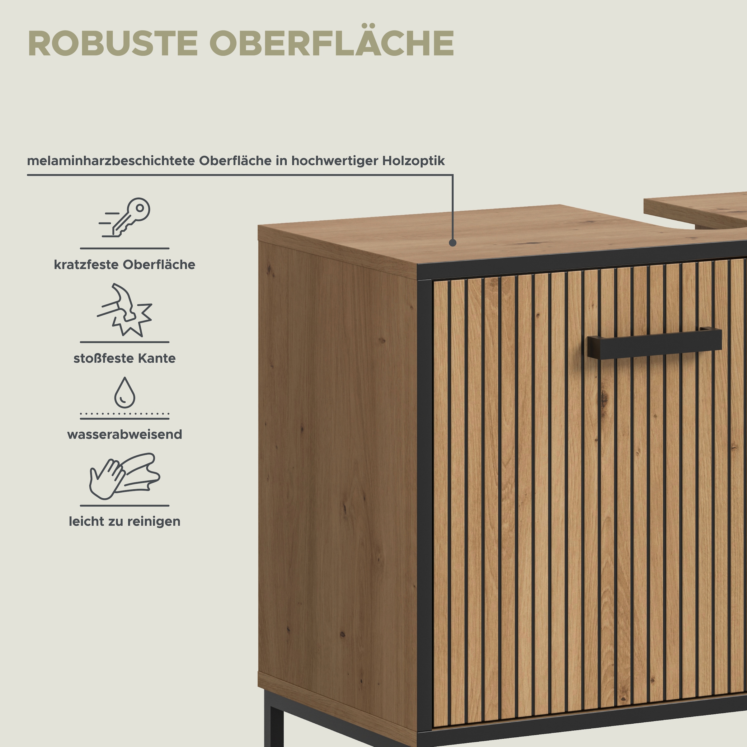 welltime Badezimmer-Set »LOCRI, 2-tlg. Badkombination, Breite 80 cm, Rillenoptik, Metallkufen« bestehend aus: Waschbeckeunterschrank & Spiegelschrank, 2 Stk. tlg.