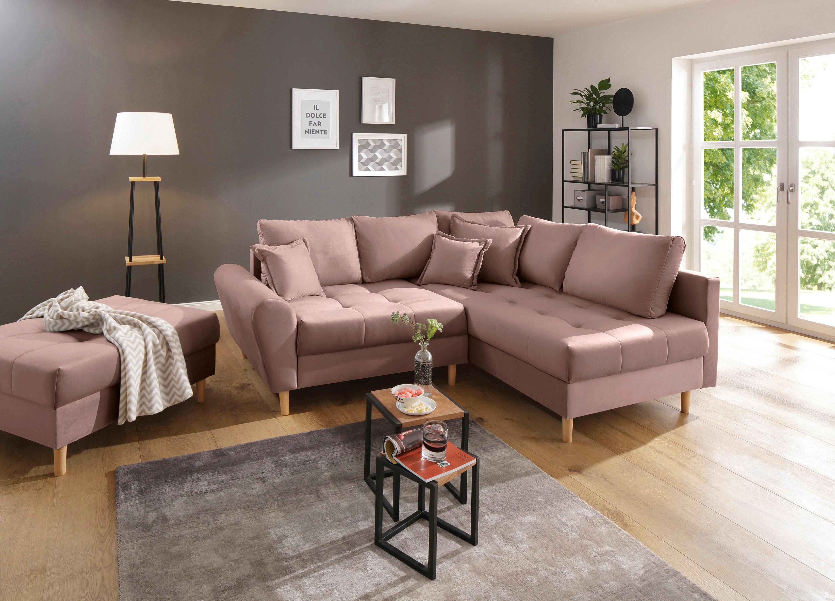 Home affaire Ecksofa "Rice L-Form, B: 223 cm - OTTO. Verlässliche Qualität." Set: Sofa & Hocker, 3 Zierkissen, Federkern