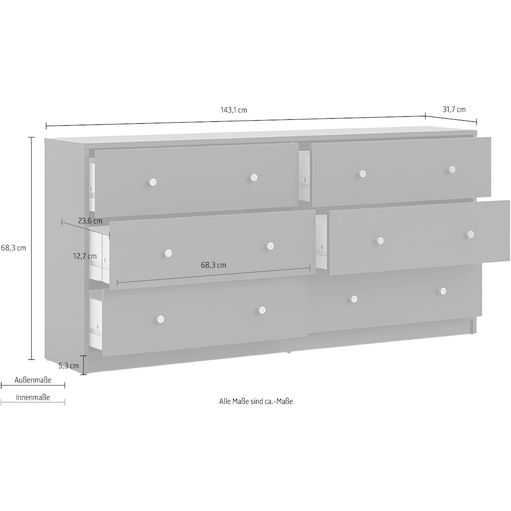 Home affaire Schubkastenkommode, Stauraum, Knopfgriffe, einfache Selbstmontage, 143,1 x 68,3 x 31,7 cm