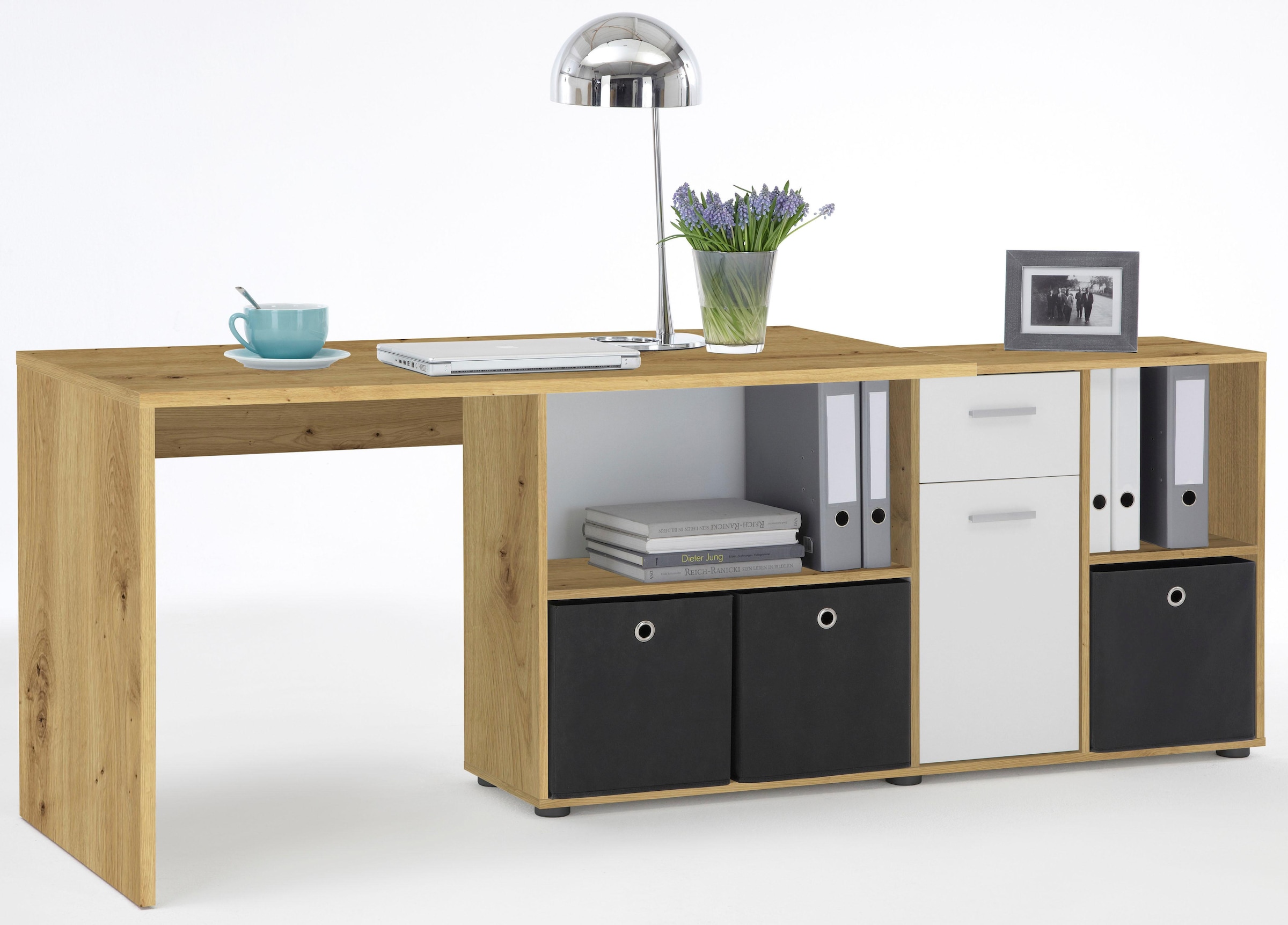 FMD Eckschreibtisch »Lex, Schreibtisch / Sideboard,«, variabel montierbar, Breite 136 / 205 cm, Made in Germany