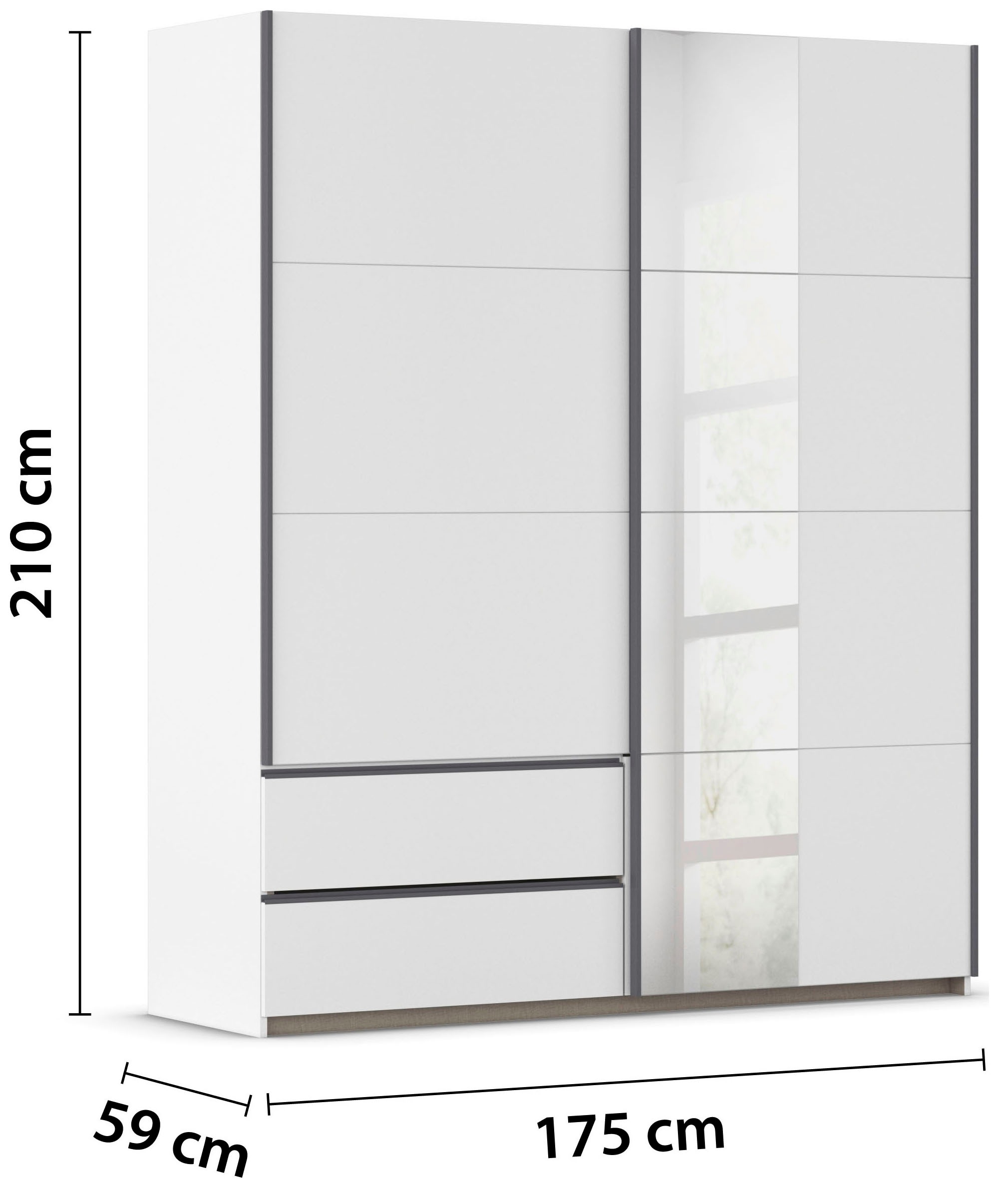 rauch Schwebetürenschrank »Kleiderschrank Schrank Garderobe Wäscheschrank SEVILLA mit Spiegel«, (in 3 verschiedenen Ausstattungen BASIC/CLASSIC/PREMIUM), Metall-Griffleisten alufarben oder Graumetallic MADE IN GERMANY