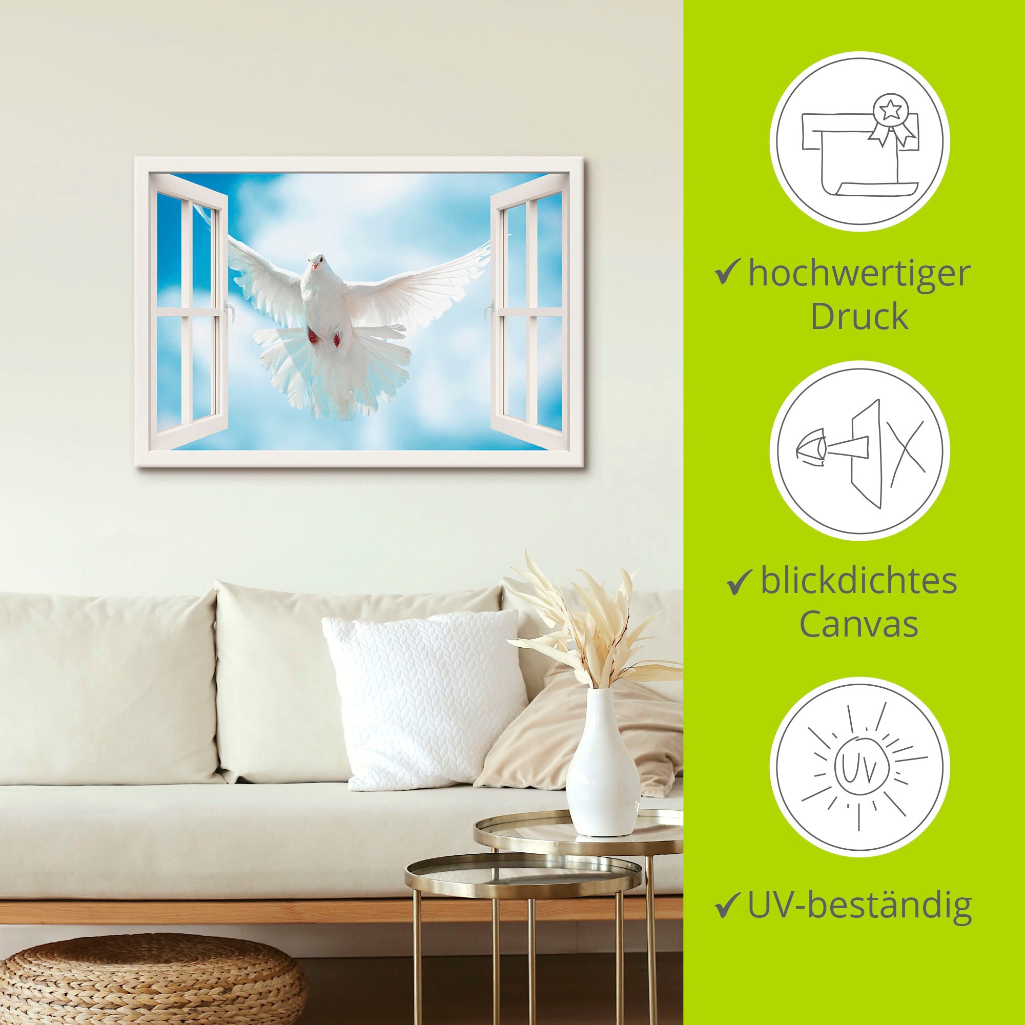 Artland Wandbild »Fensterblick Taube vor der Sonne«, Vögel, (1 St.), als Leinwandbild, Wandaufkleber in verschied. Größen