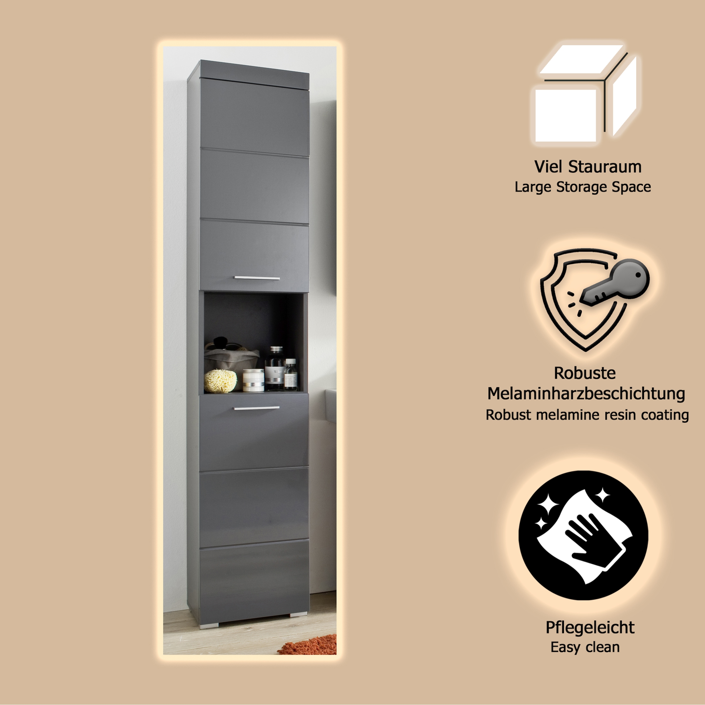 welltime Hochschrank »Avena«, Badschrank mit 2 Türen & 1 Fach - (B/T/H) 37/31/190 cm