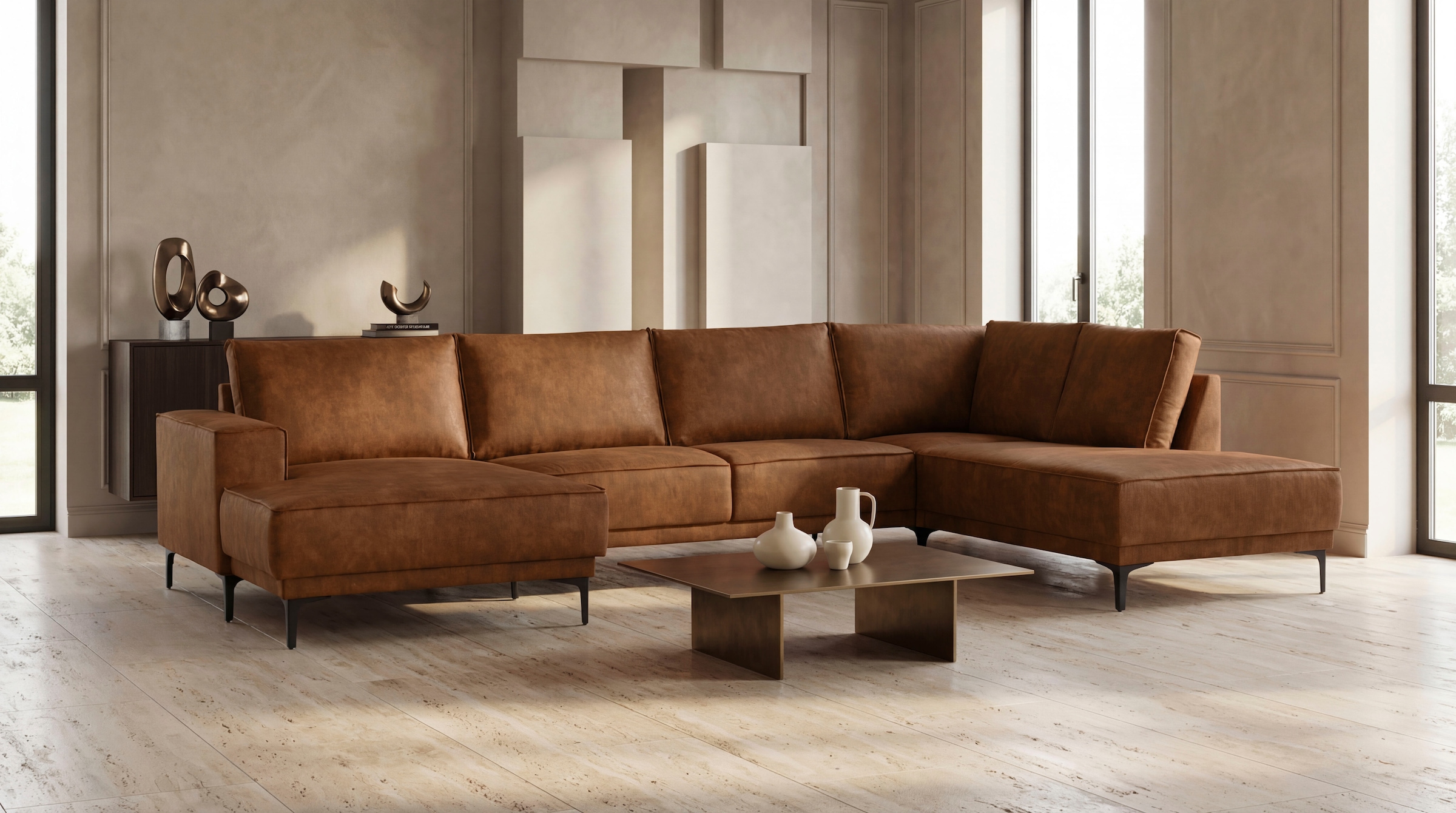 OTTO home Wohnlandschaft »OLAND Luxus-Microfaser U-Form, XXL, B: 345 cm, Skandi-Design« U-Form, 345 cm, Wellenunterfederung, Skandi-Design, Metallfüße