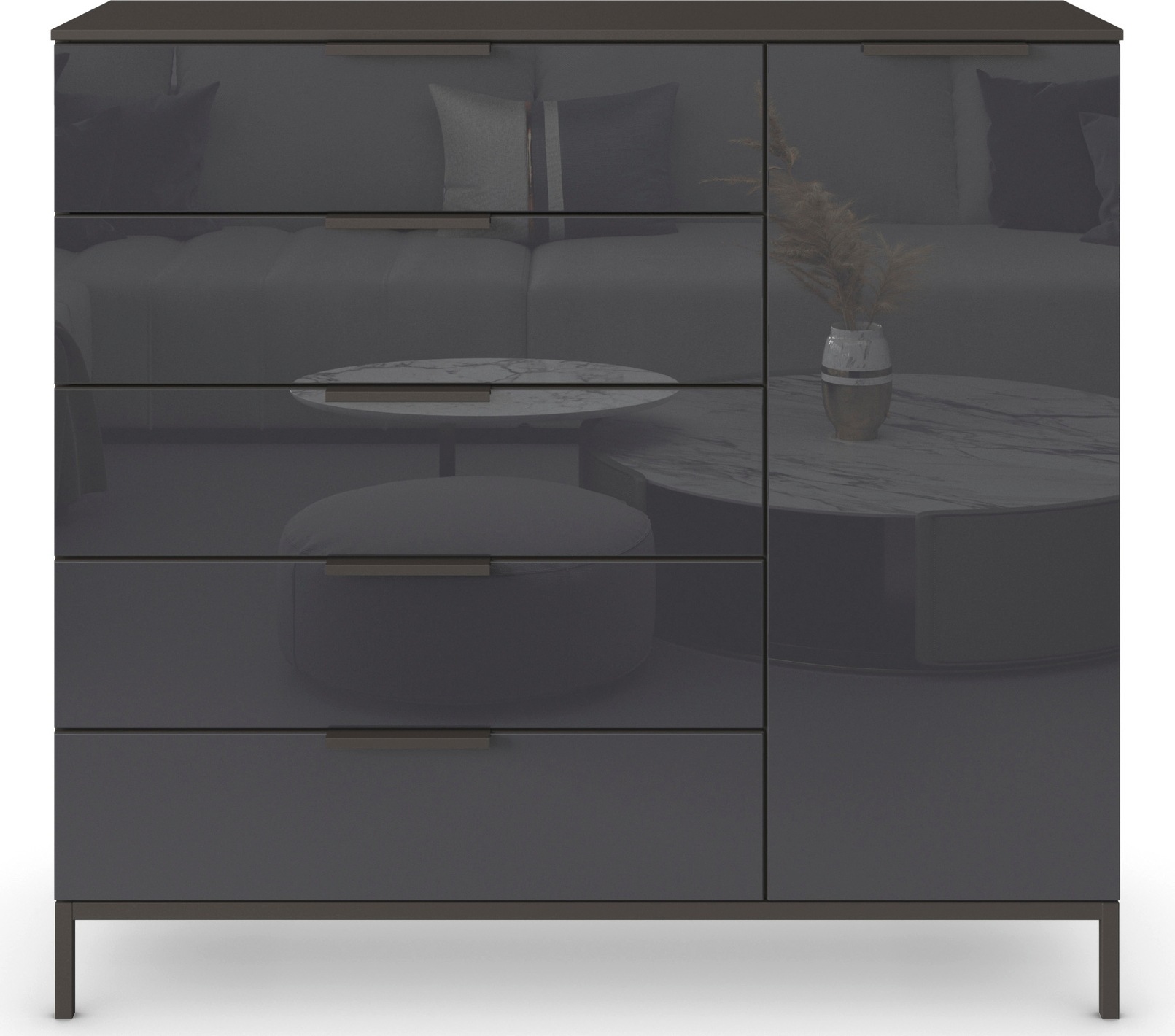rauch Kombikommode »Kommode Türkommode Sideboard Kombikommode FLIPP mit Glasfront«, (Breite 120 cm mit 2 Einlegeböden), 1-türig mit 5 Schubladen und Soft-Close-Funktion sowie Glasfront