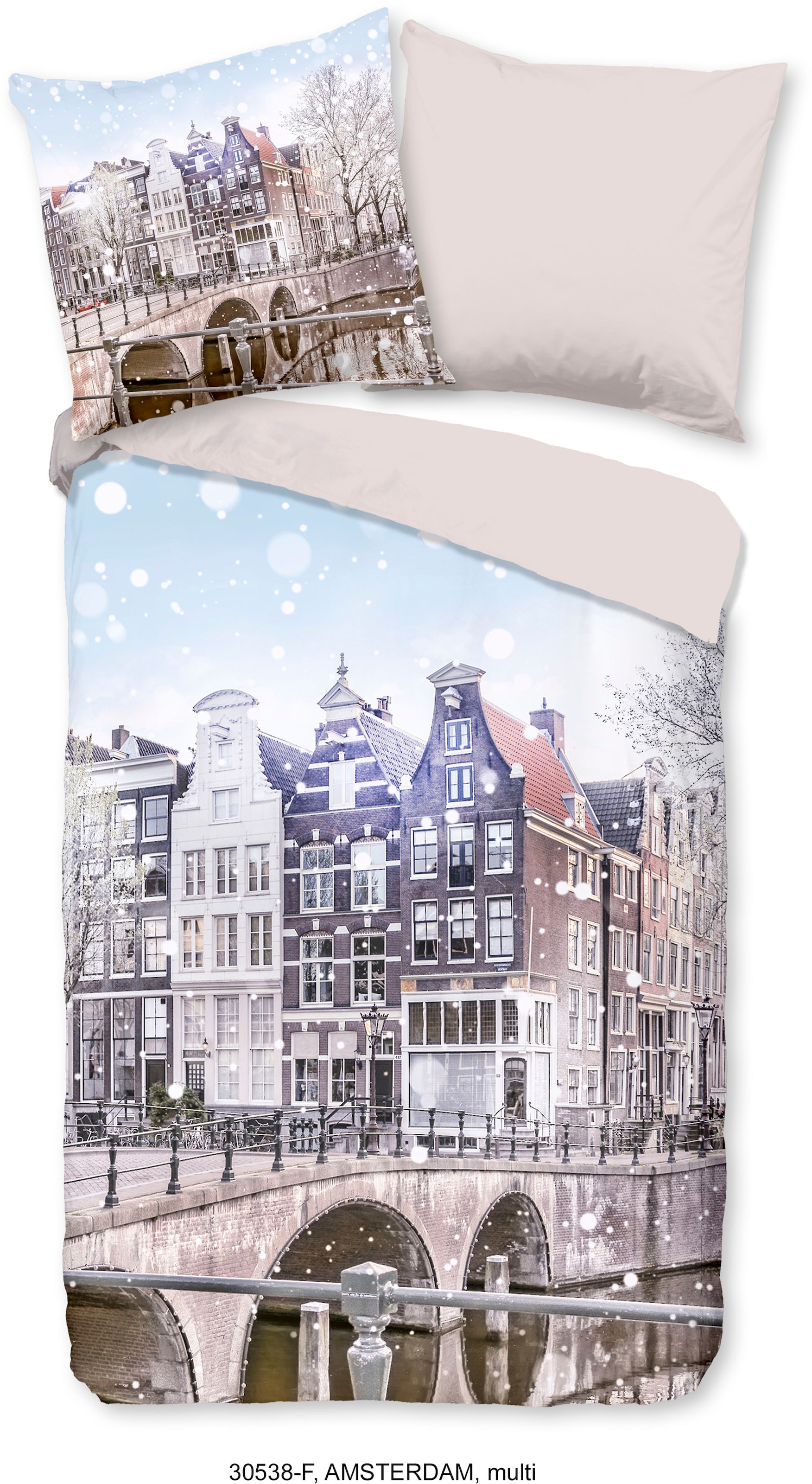 good morning Wendebettwäsche "Amsterdam Houses", Biber, 135x200, Warm, Weich, Wendeoptik, Reißverschluss, Winter