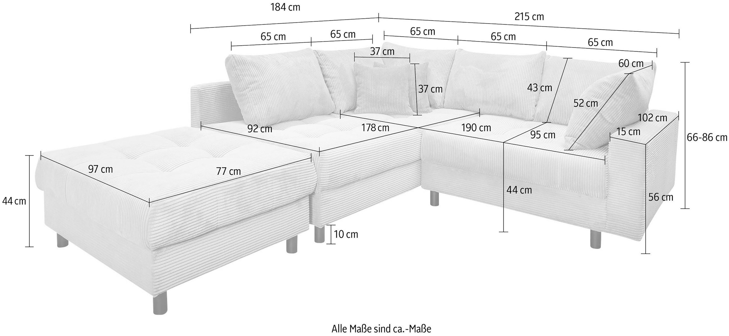 COLLECTION AB Ecksofa »Antonia L-Form, B: 215 cm« Ecksofa, Rückenkissen, ottomane beidseitig montierbar, Bonnelfederkern