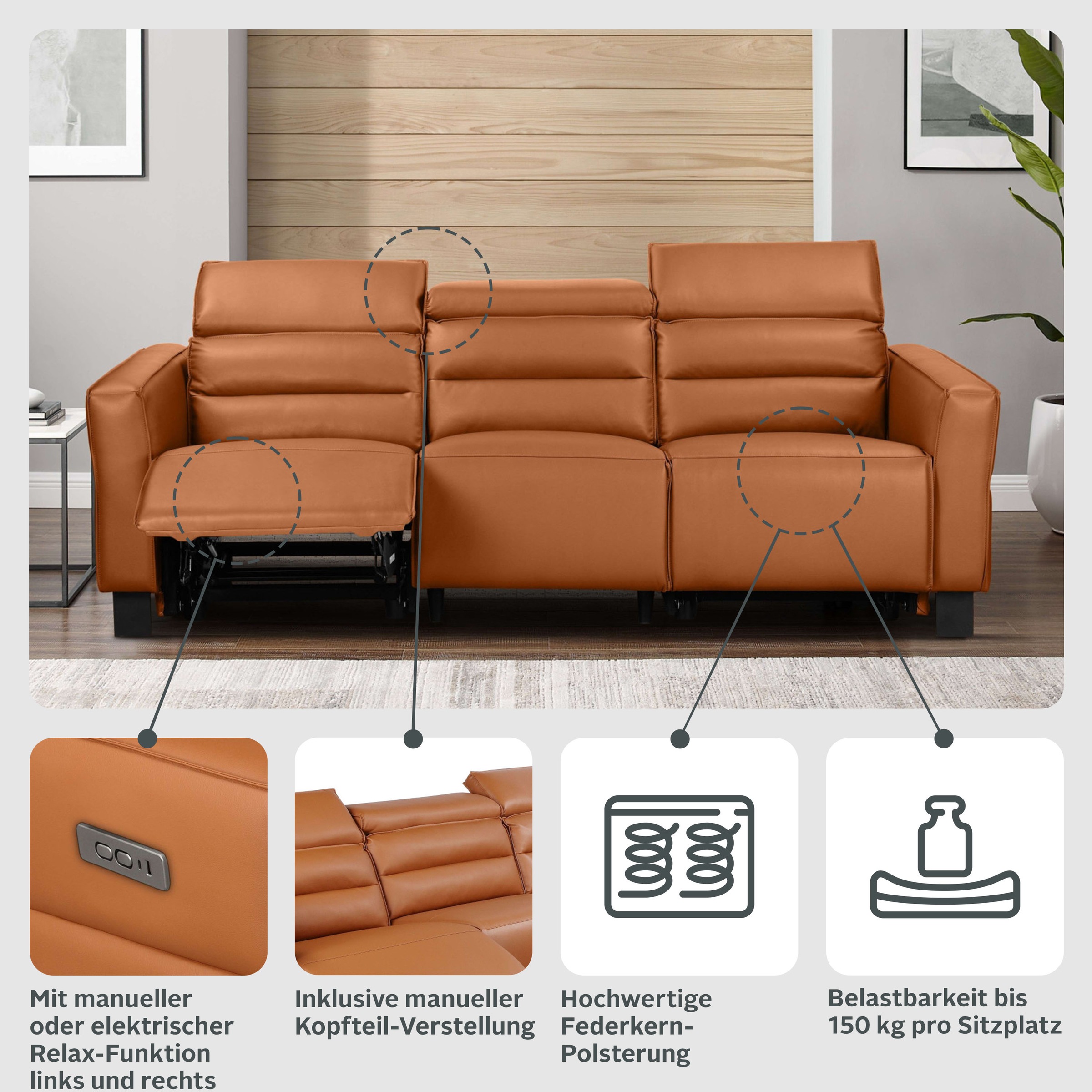 Thumbnail - Home affaire 3-Sitzer "Carpari, 224cm, manuelle od. elektrische Relaxfunktion in 2 Sitzen" mit USB-A/C, Kopfteilverstell...