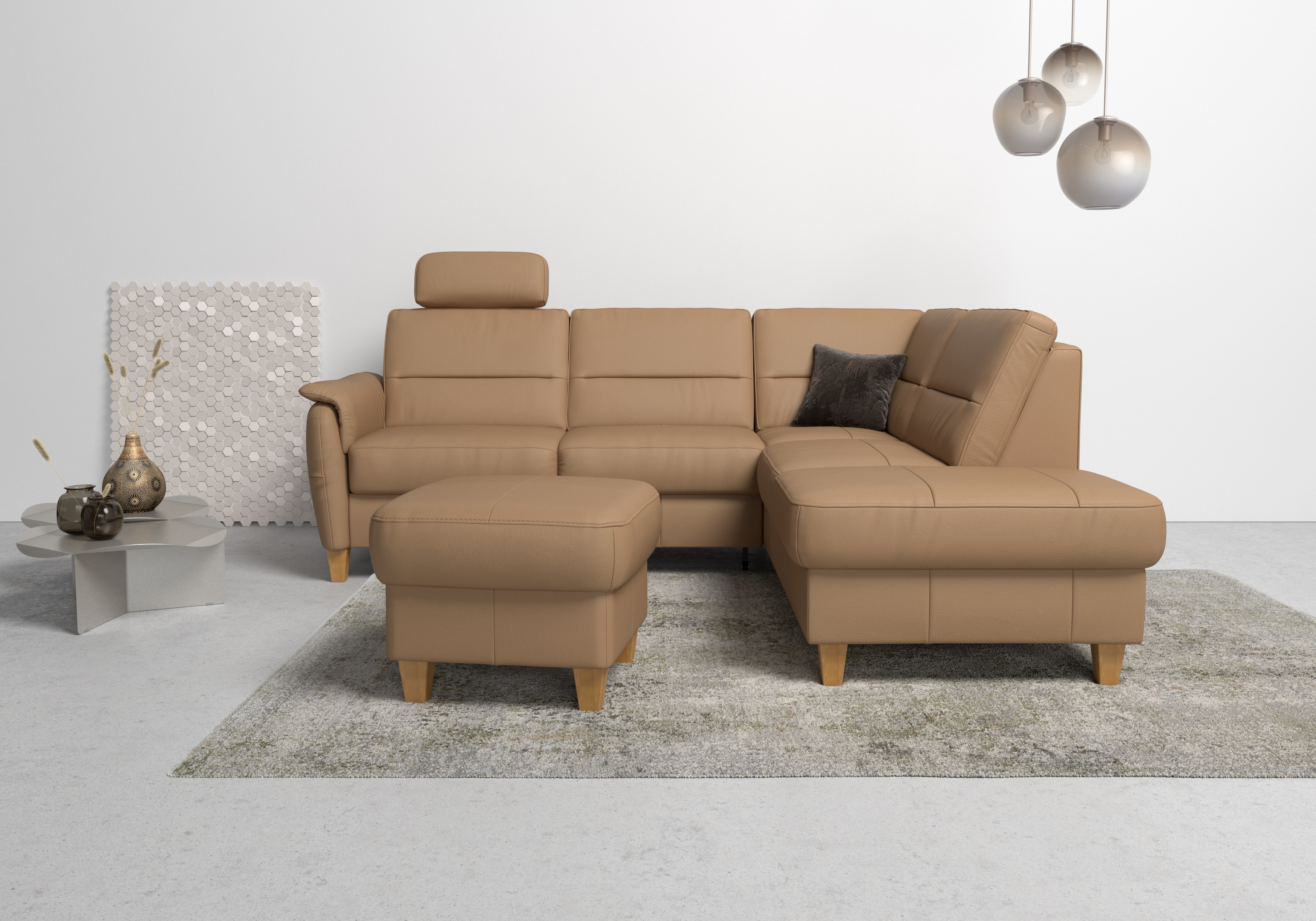 Home affaire Ecksofa "Palmera, L-Form, B: 236 cm, Bettfunktion & Bettkasten wählbar" Federkern-Polsterung, Sitzhöhe 48 cm, handgefertigt, stilvolles Design