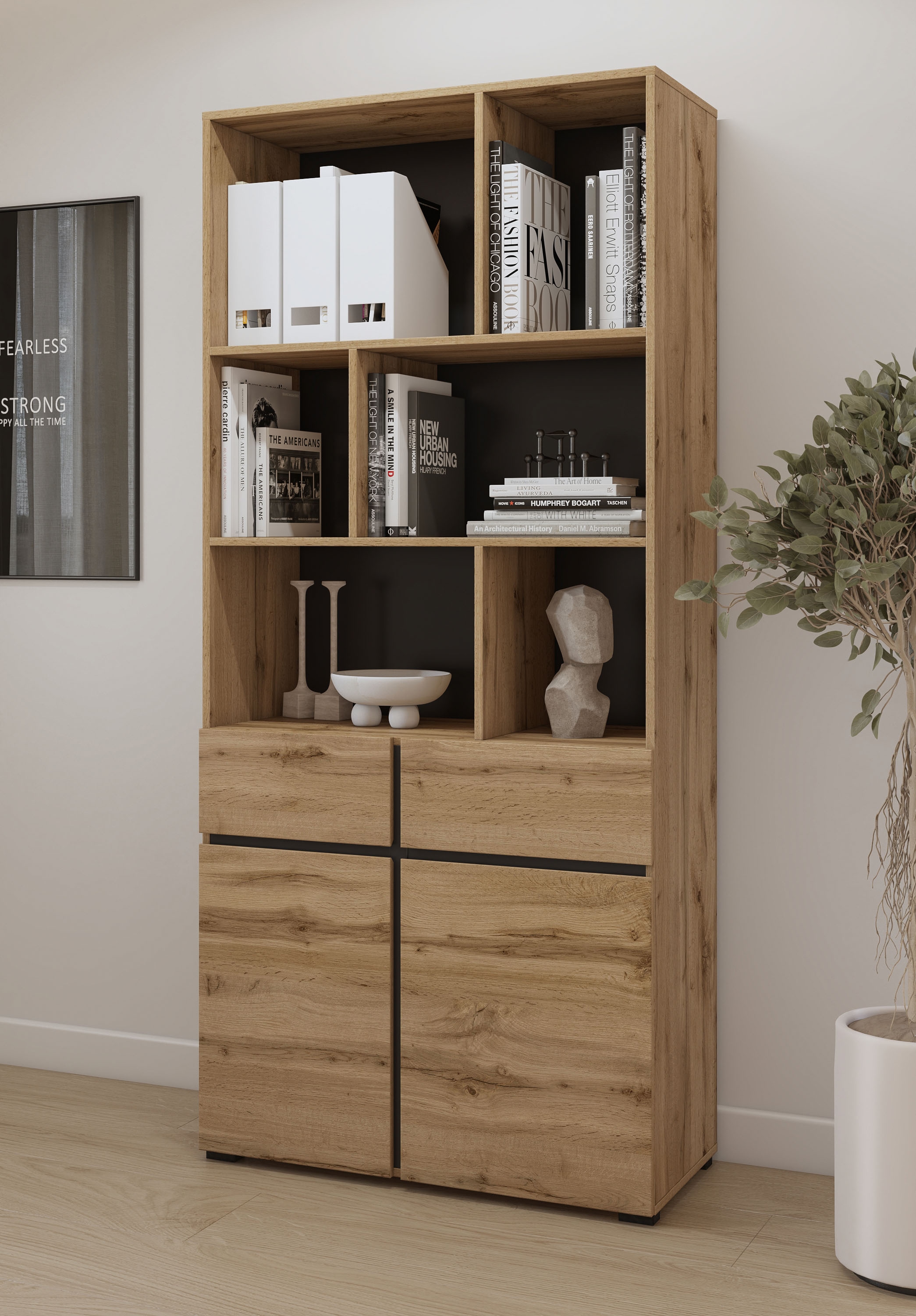 OTTO home Aktenschrank »Cross, Breite 85 cm, modernem grifflose Standregal, Bücherregal« Standregal mit 6 offene Fächern, 2 Schubladen und 2 Türen, Büroregal