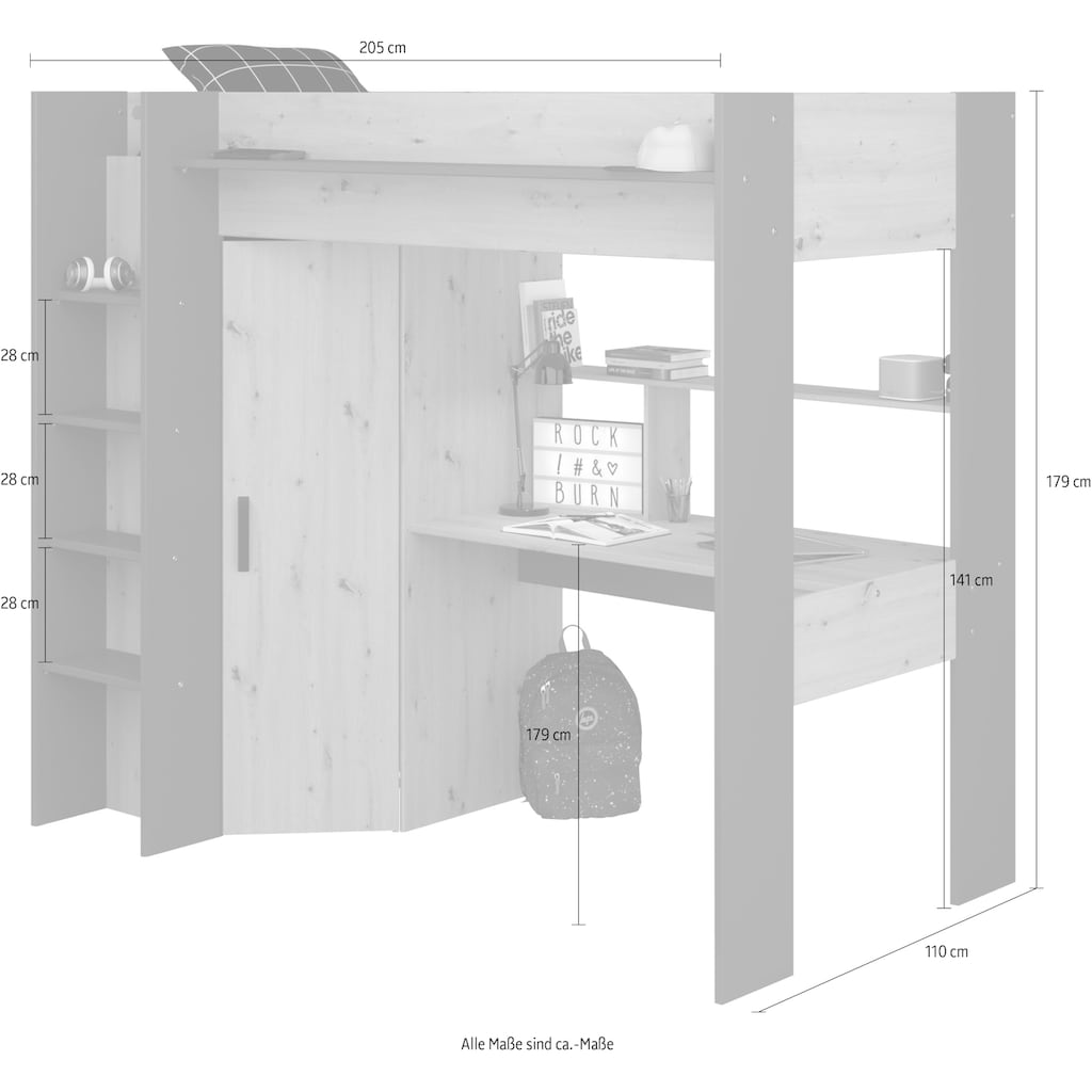 Parisot Hochbett »Heavy«, ALL-IN-ONE, mit Kleiderschrank, Schreibtisch, Leiter, Stauraum