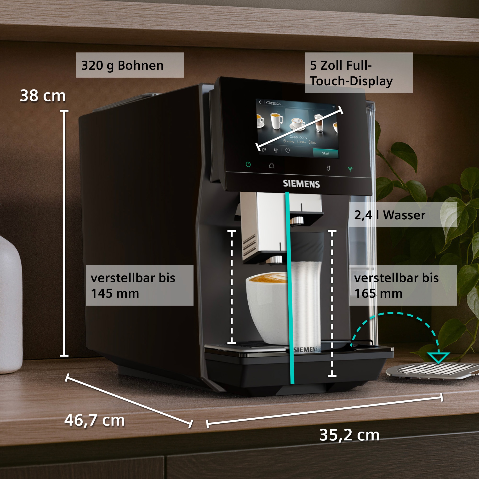 SIEMENS Kaffeevollautomat »TP725E01« farbiges Full-Touch-Display, Doppeltassenfunktion, sehr leise, grau