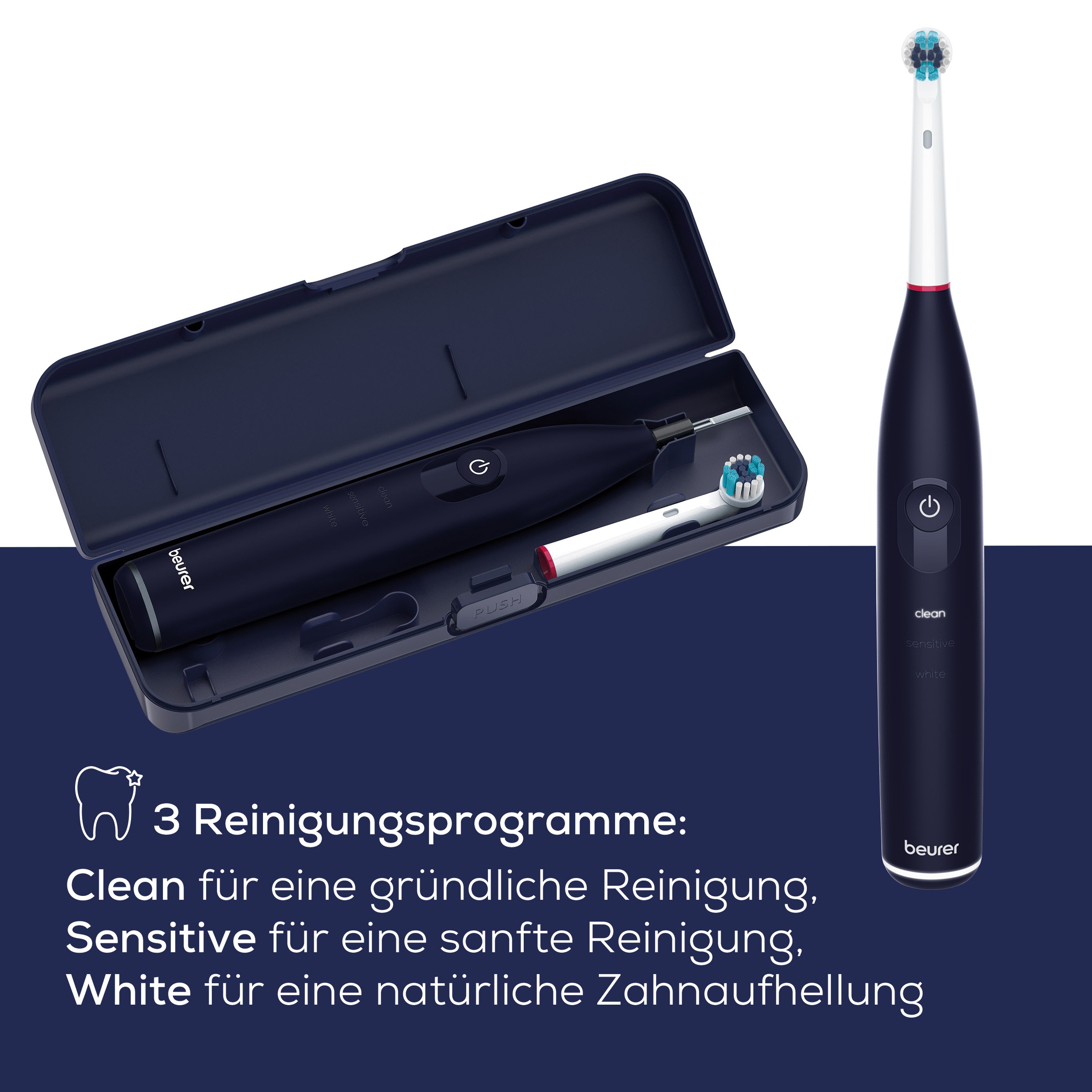 BEURER Elektrische Zahnbürste »TB 50, Elektrische Zahnbürste mit Andrucksensor & Langzeitakku«, 1 St. Aufsteckbürsten, Effektive Plaque-Entfernung, 3 Programme, bis zu 45 Tage Akkulaufzeit
