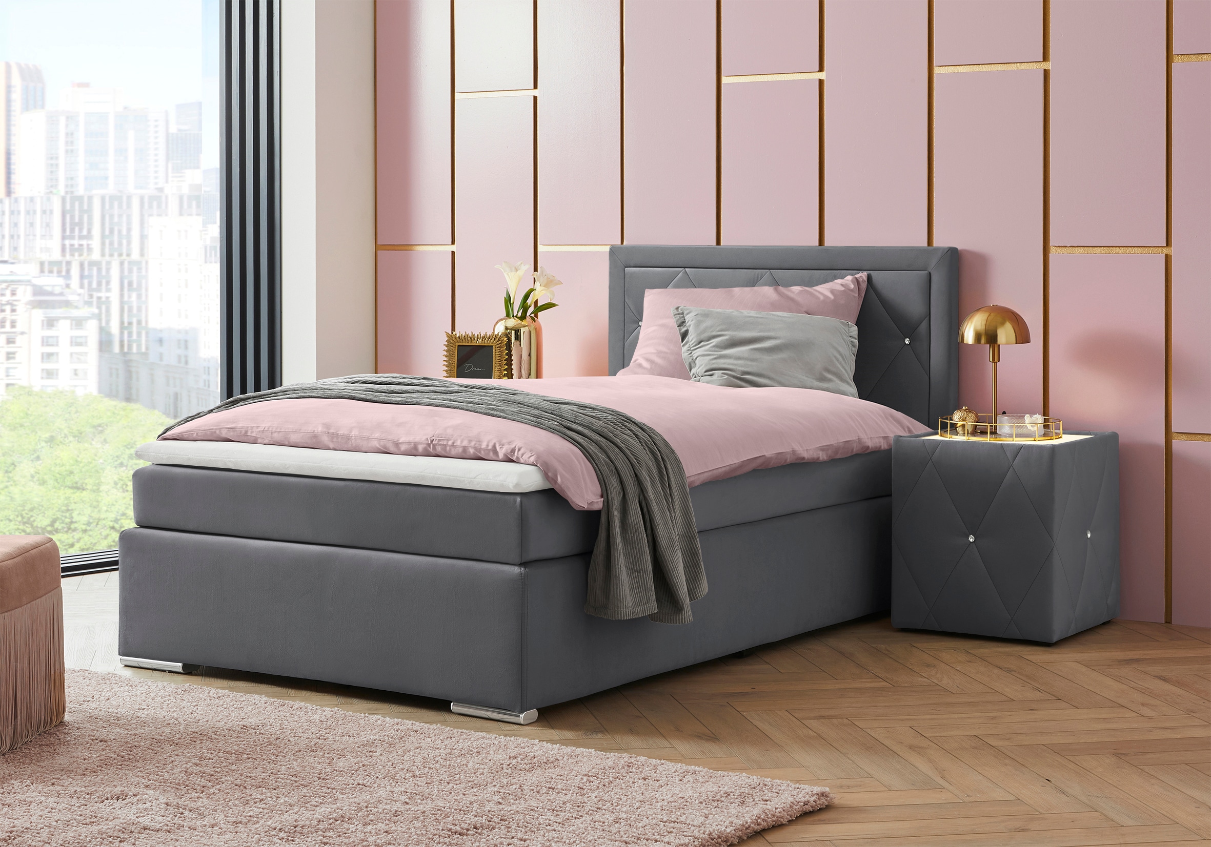 Home affaire Boxbett "ALFIE, Polsterbett wahlweise mit Bettkasten, Samtvelours-Bezug" mit Bonnell-oder Taschenfederkernmatratze H2,H3, H4, 120/140/180x200cm