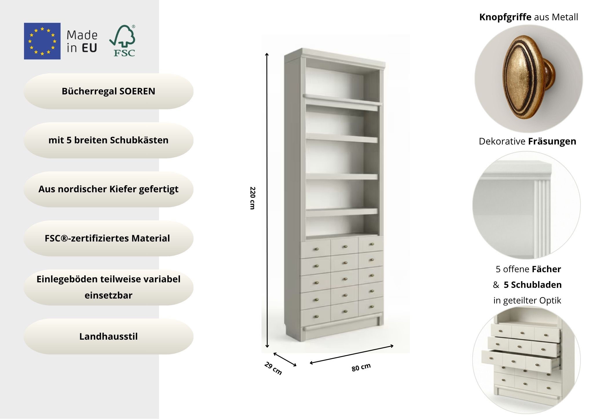 Home affaire »Soeren Regal mit 5 breiten Schubkästen in geteilter Optik« T/H: 80/29/220 cm, Kiefer FSC®-zertifiziert, elegante Metallgriffe